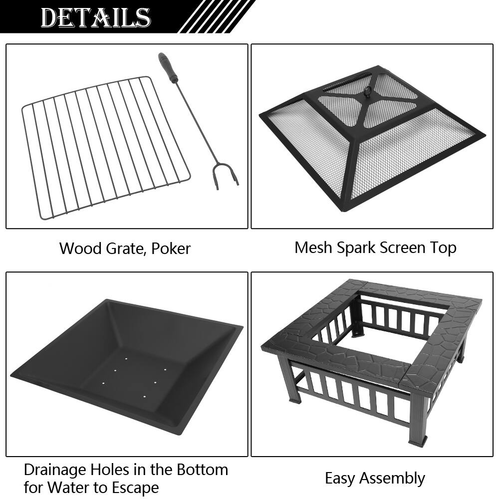 DETAILS

- Wood Grate, Poker
- Mesh Spark Screen Top
- Drainage Holes in the Bottom for Water to Escape
- Easy Assembly