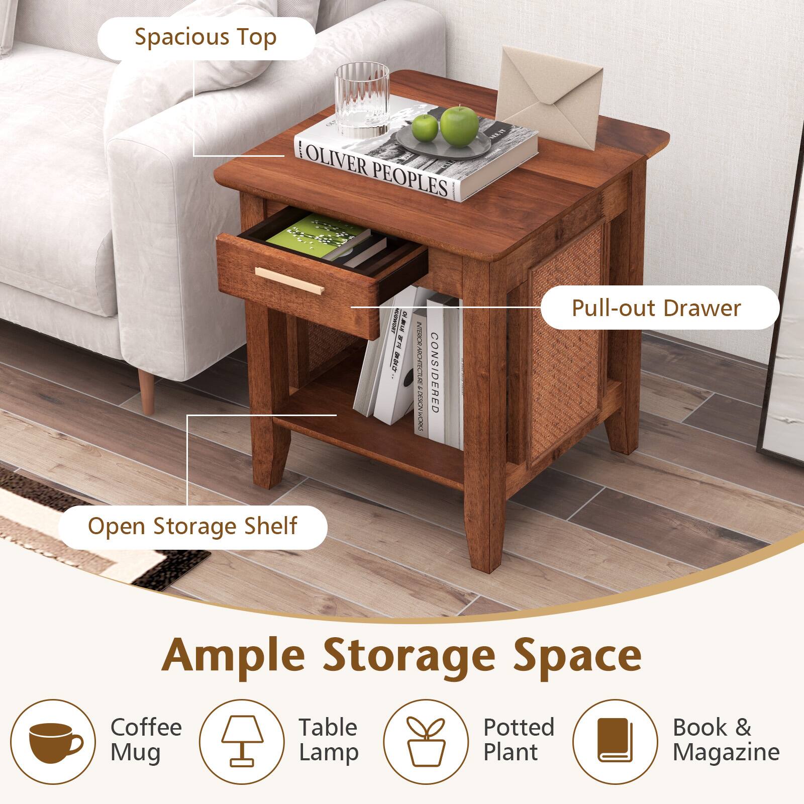 Spacious Top, Pull-out Drawer, Open Storage Shelf, Ample Storage Space, Coffee Table, Potted Plant, Book & Magazine, Mug, Lamp
