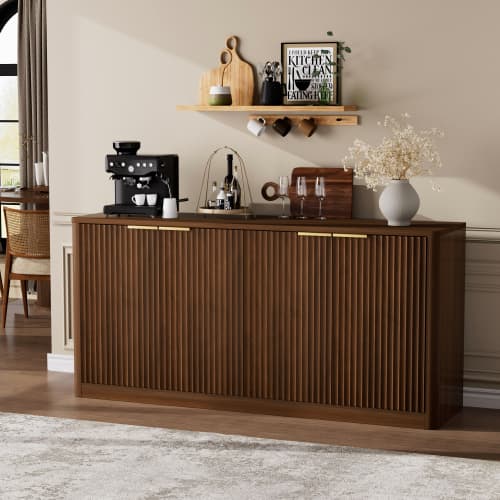 Edgetech Trends - 59" Fluted Sideboard Buffet Cabinet, Adjustable Shelves, Coffee Bar Console Table for Kitchen Hallway， - Walnut