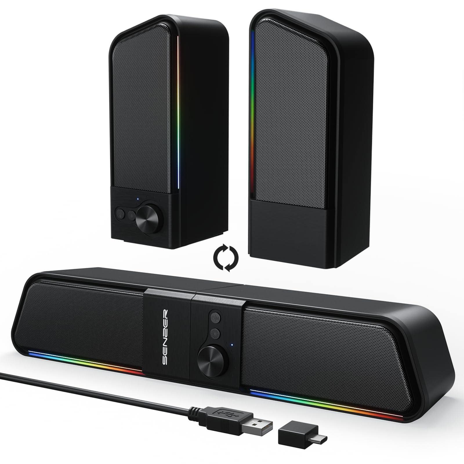 Cedar Assembly - Cs20 2 In 1 Computer Speakers For Desktop Usb Plug Play Clear Sound Pc With Rgb Light Monitor Bar Volume - Default