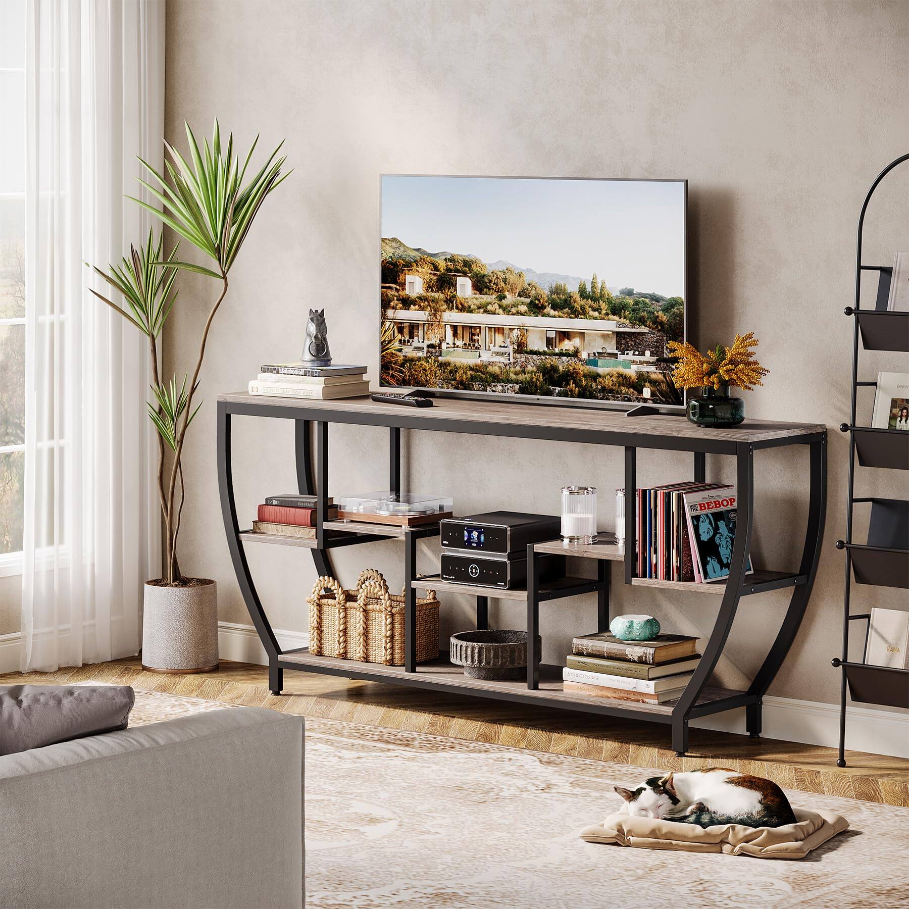 Left. Tribesigns - 70.9-Inch Industrial TV Stand with Staggered Open Shelves and Metal Frame for TVs up to 80 Inches - Grey.