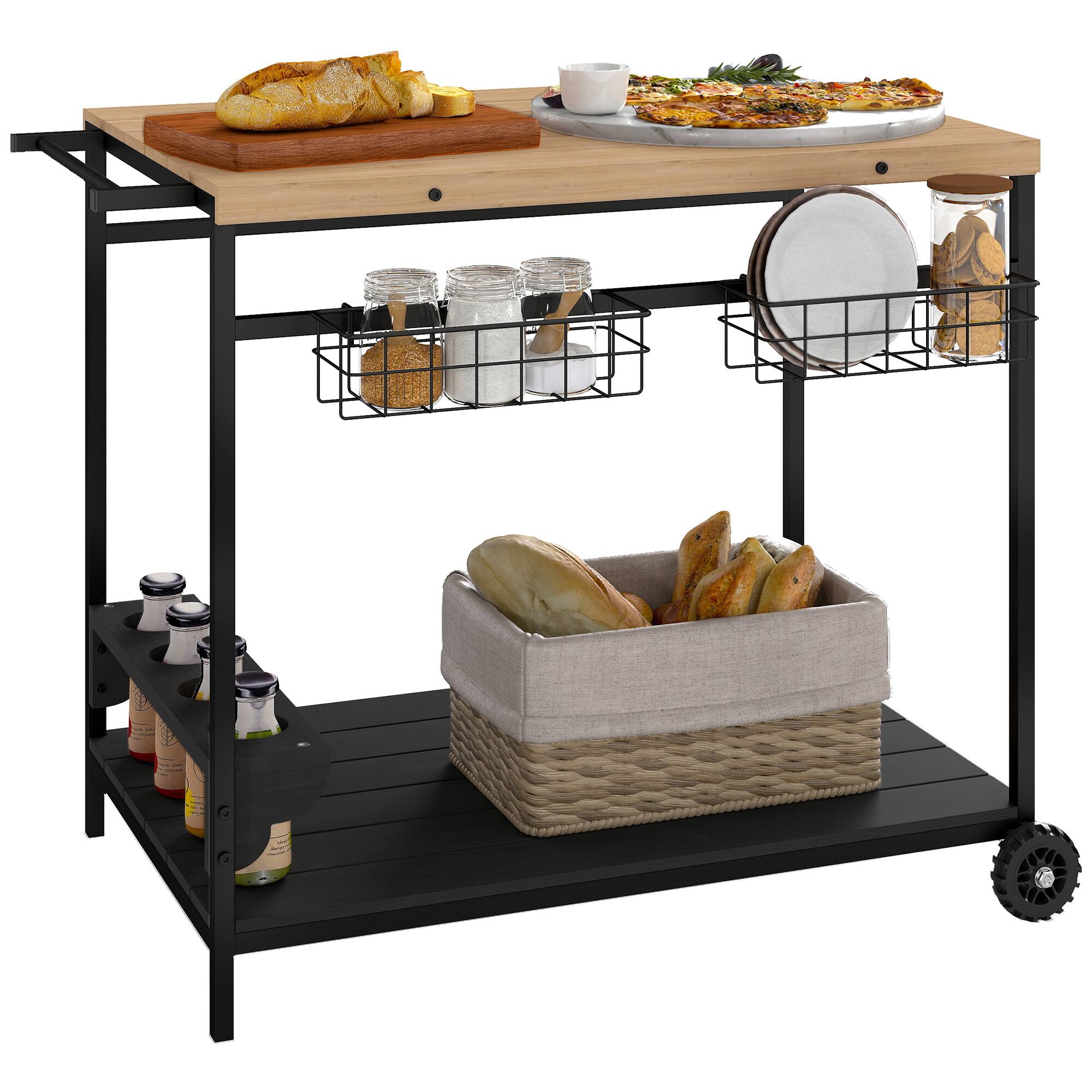 Outsunny - Outdoor Bar Cart, Patio Rolling Serving Cart with Wheels, Side Handle, 2 Baskets, 4 Wine Holders for Garden - Natural Wood price history on PriceWatchPro