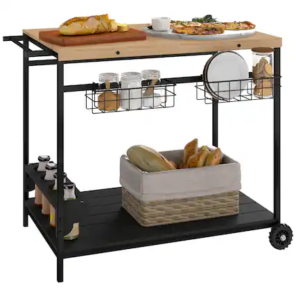 Front. Outsunny - Outdoor Bar Cart, Patio Rolling Serving Cart with Wheels, Side Handle, 2 Baskets, 4 Wine Holders for Garden - Natural Wood.