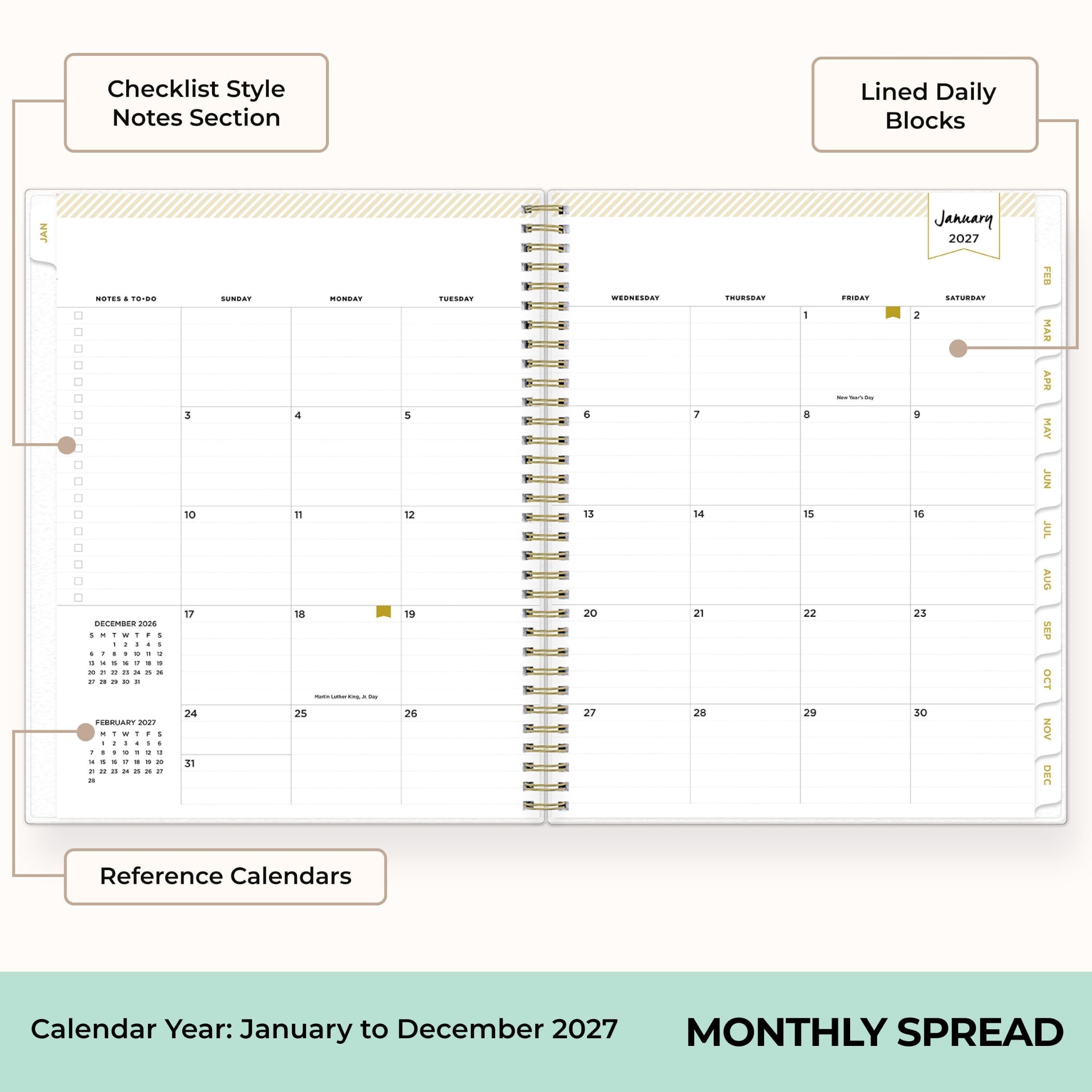 Checklist Style Notes Section

Lined Daily Blocks

JAN

NOTES : TO-DO DECEMBER 2026

1 2 3 4 5 6 7 8 9 10 11 12 13 14 15 16 17 18 19 20 21 22 23 24 25 26 27 28 29 30 31

SUNDAY 1 8 15 22 29

MONDAY 2 9 16 23 30

TUESDAY 3 10 17 24

WEDNESDAY 4 11 18 25

THURSDAY 5 12 19 26

FRIDAY 6 13 20 27

SATURDAY 7 14 21 28

FEBRUARY 2027

1 2 3 4 5 6 7 8 9 10 11