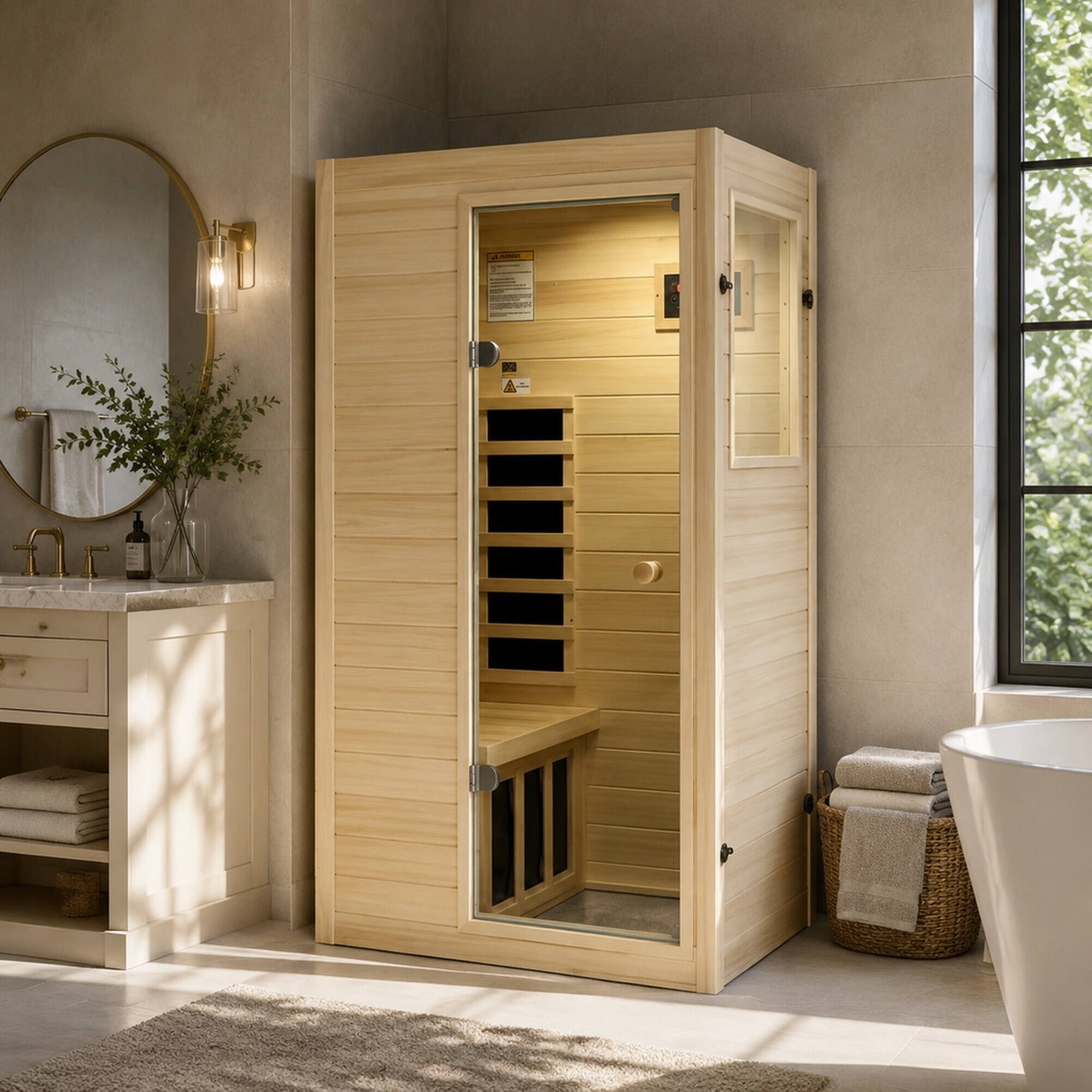 Back. RYHNUYNE - Far Infrared Sauna Room, 36.61 x 29.33 x 62.99 in, European Aspen Wood, 5 Heating Panels, 905W, Bluetooth Speaker - Natural Wood.