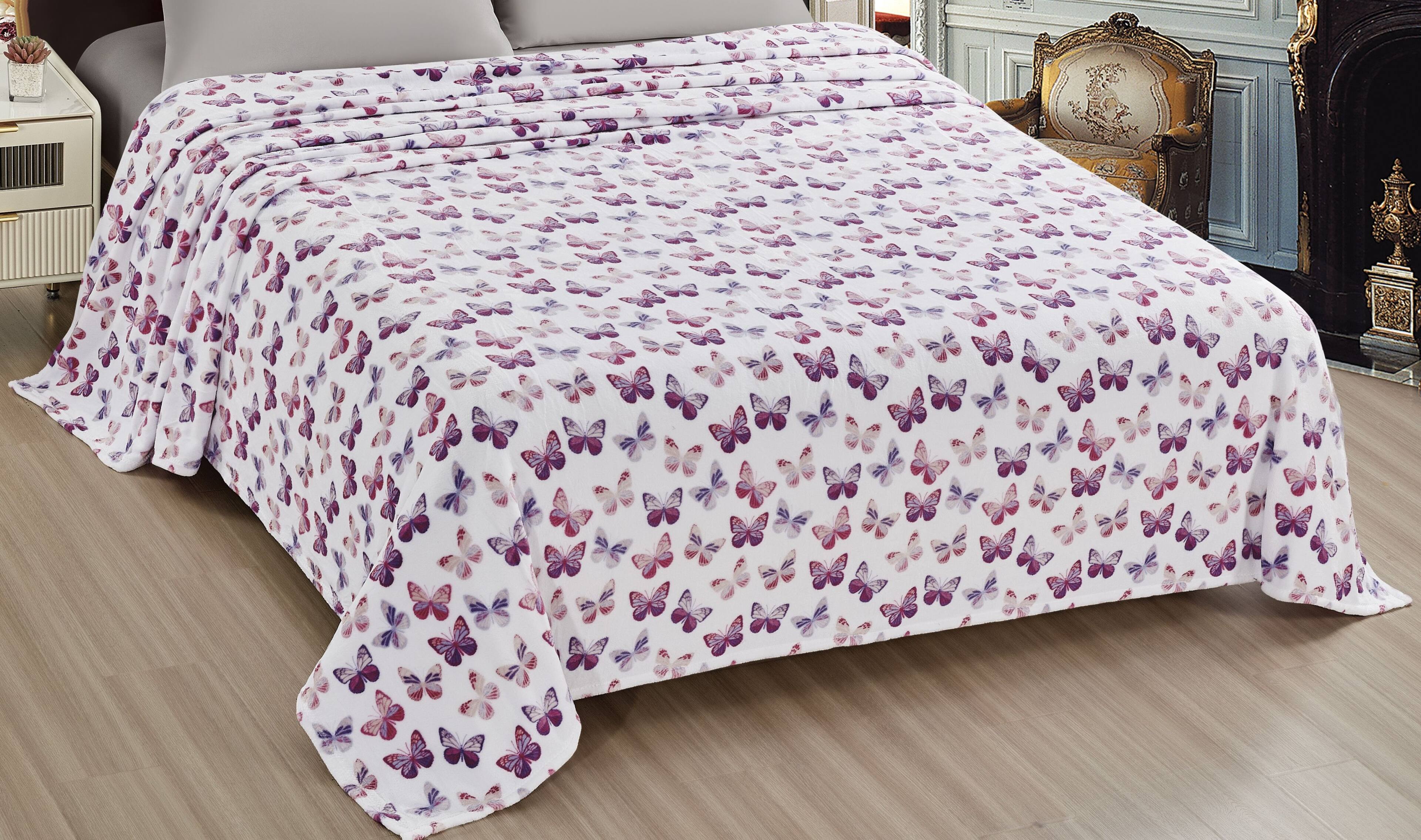 Left. Noble House - Noble House Super Soft and Ultra Comfy Luxe Printed Blanket - Rose Butterfly - Queen - Rose Butterfly.