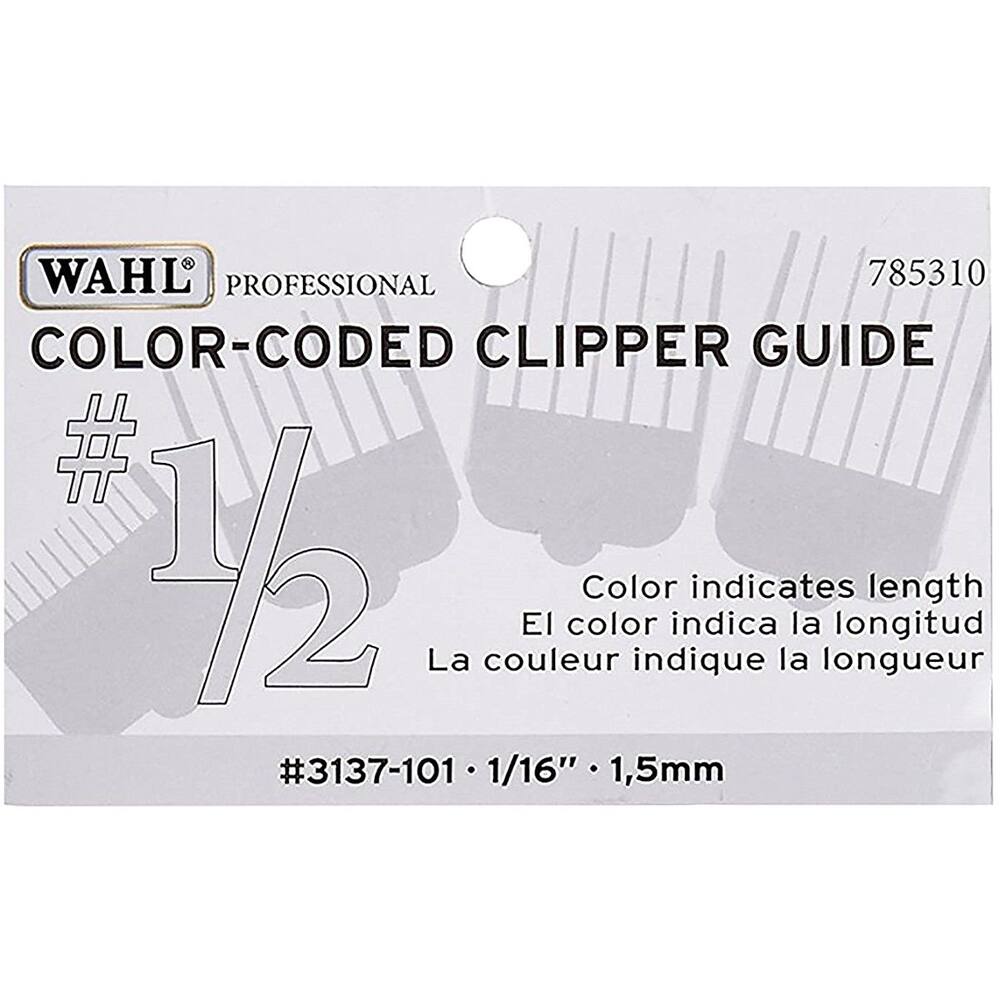WAHL PROFESSIONAL 785310 COLOR-CODED CLIPPER GUIDE  
1. Color indicates length  
2. El color indica la longitud  
3. La couleur indique la longueur  
#3137-101 1/16" 1,5mm
