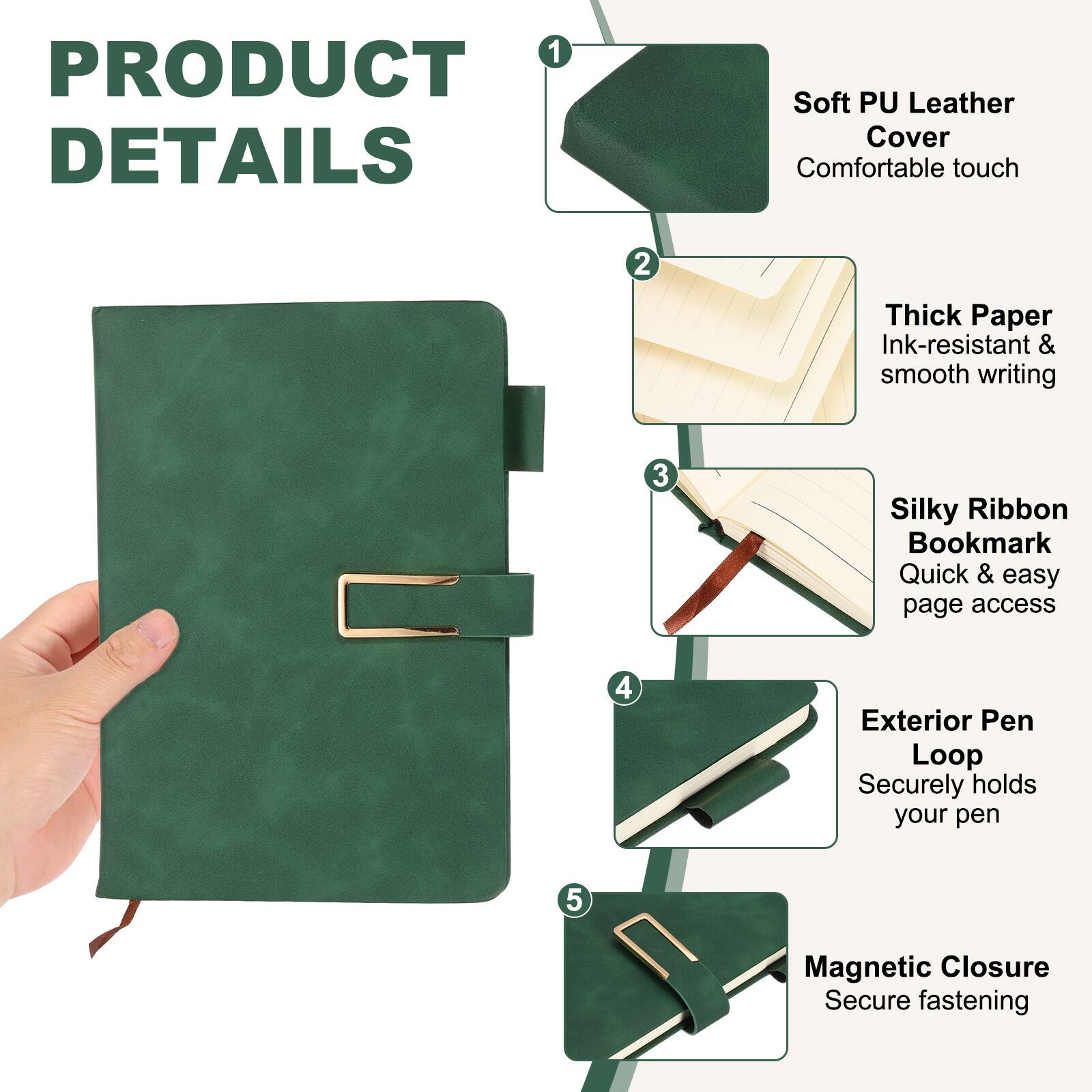 1. PRODUCT DETAILS
2. Soft PU Leather Cover - Comfortable touch
3. Thick Paper - Ink-resistant & smooth writing
4. Silky Ribbon Bookmark - Quick & easy page access
5. Exterior Pen Loop - Securely holds your pen
6. Magnetic Closure - Secure fastening