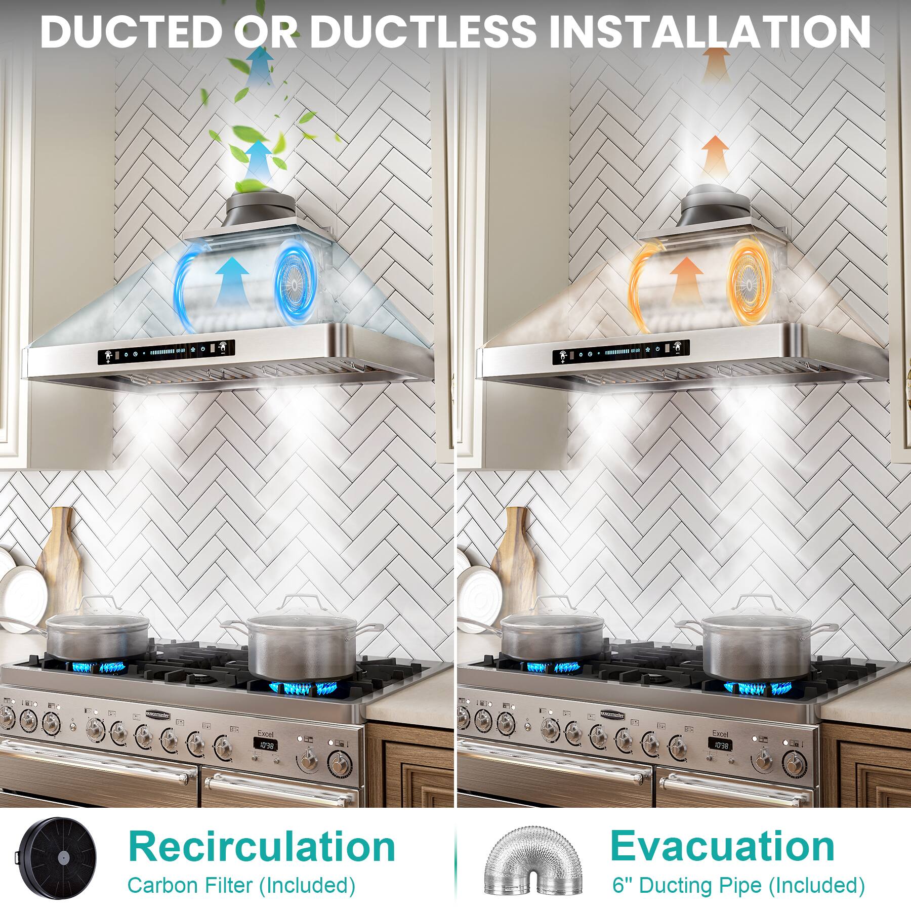 DUCTED OR DUCTLESS INSTALLATION

Recirculation
Carbon Filter (Included)

Evacuation
6" Ducting Pipe (Included)