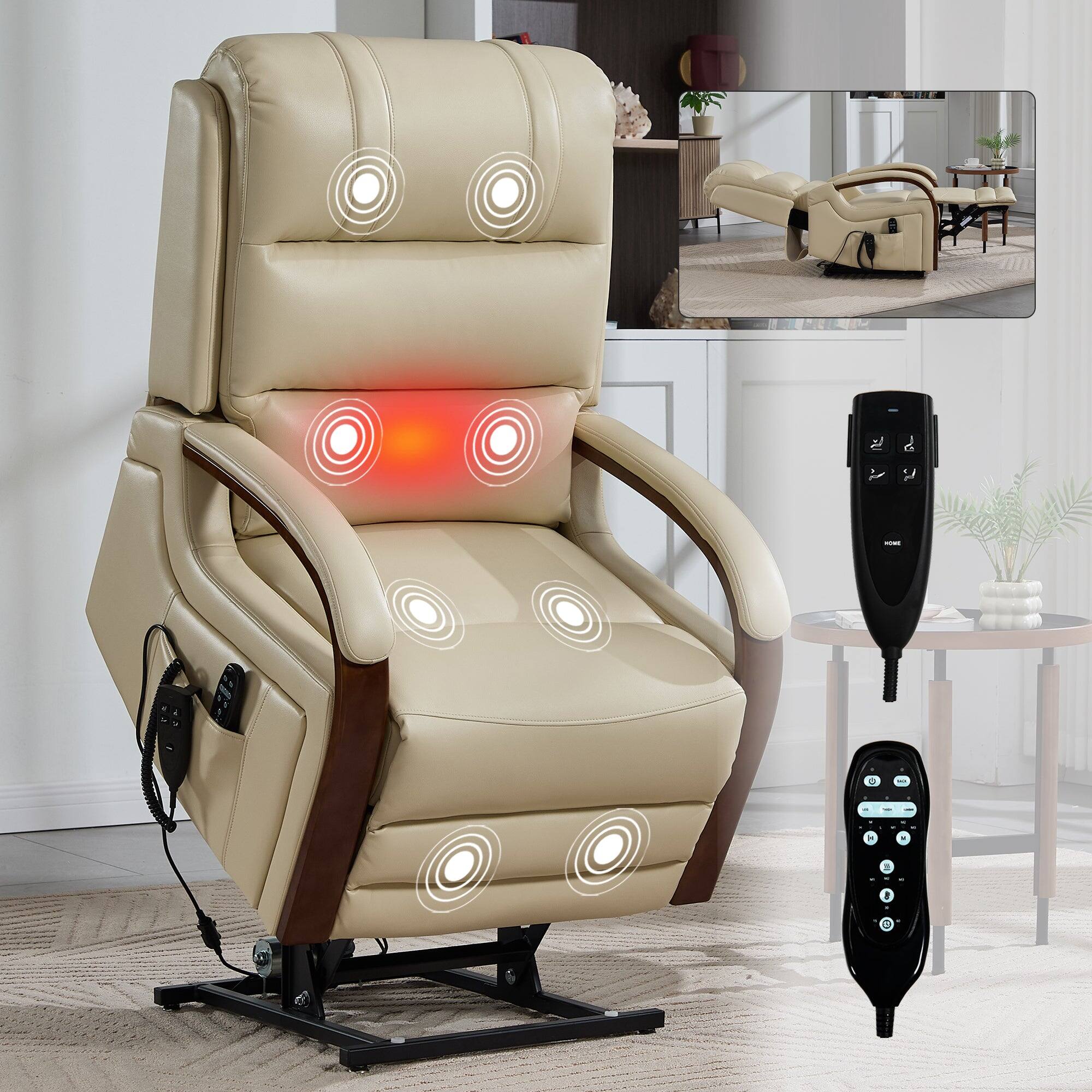 Alt View 1. Boyel Living - Beige Leatheraire Dual Motor Power Lift Recliner, Heat & Massage, Solid Wood Arms, Infinite Positions, 350 lbs Capacity - Beige.