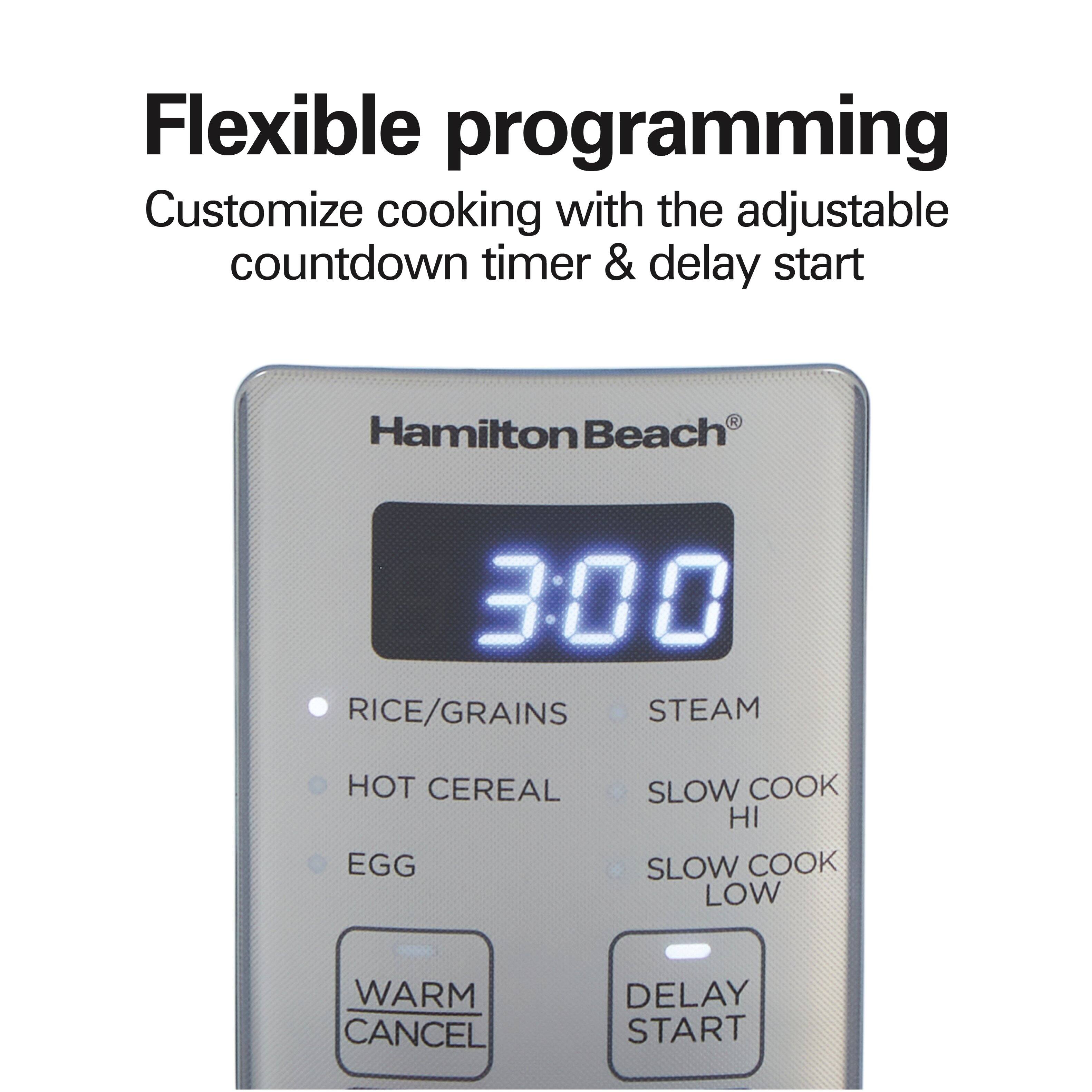 Flexible programming  
Customize cooking with the adjustable countdown timer & delay start

Hamilton Beach

3:00

- RICE/GRAINS
- STEAM
- HOT CEREAL
- SLOW COOK HI
- SLOW COOK LOW
- EGG

WARM CANCEL  
DELAY START