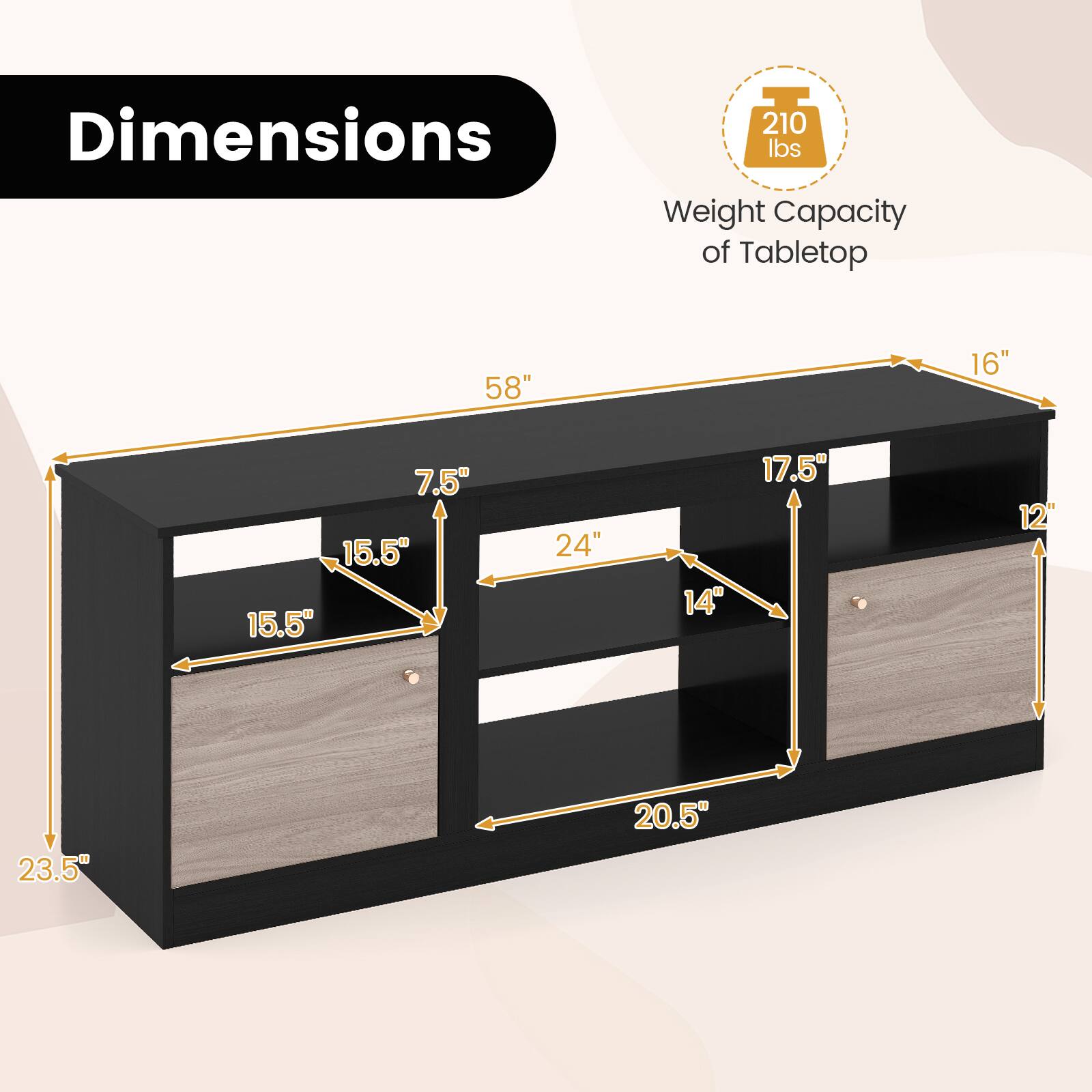 Dimensions: 58" x 16" x 7.5" x 15.5" x 15.5" x 24" x 14" x 17.5" x 12" x 23.5" x 20.5"  
Weight Capacity of Tabletop: 210 lbs