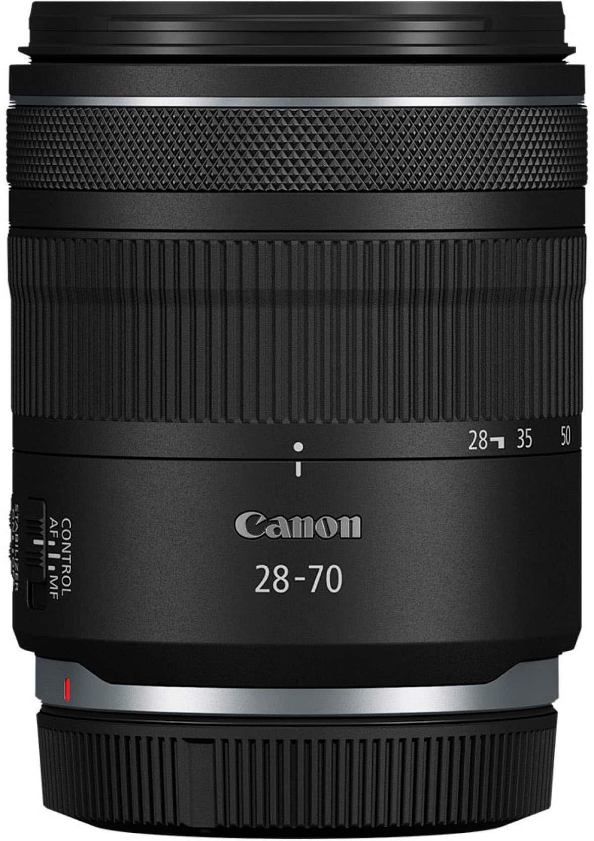 The text on the image reads "Canon 28-70 28 35 50". This indicates that the lens is a Canon brand with a focal length range of 28-70mm. The lens features an aperture range of f/2.8 to f/35, and a minimum focusing distance of 50cm.