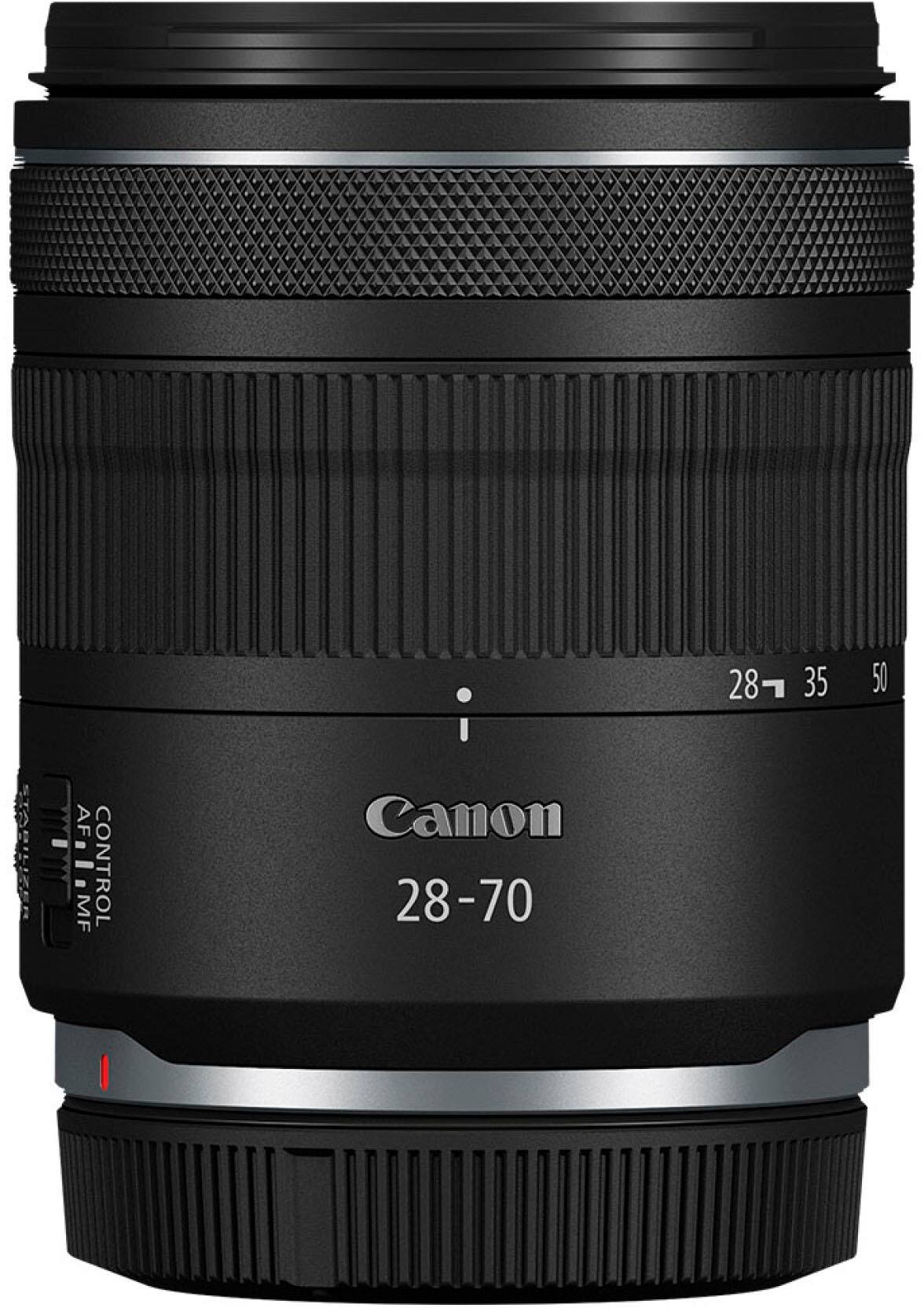 The text on the image reads "Canon 28-70 28 35 50". This indicates that the lens is a Canon brand with a focal length range of 28-70mm. The lens features an aperture range of f/2.8 to f/35, and a minimum focusing distance of 50cm.