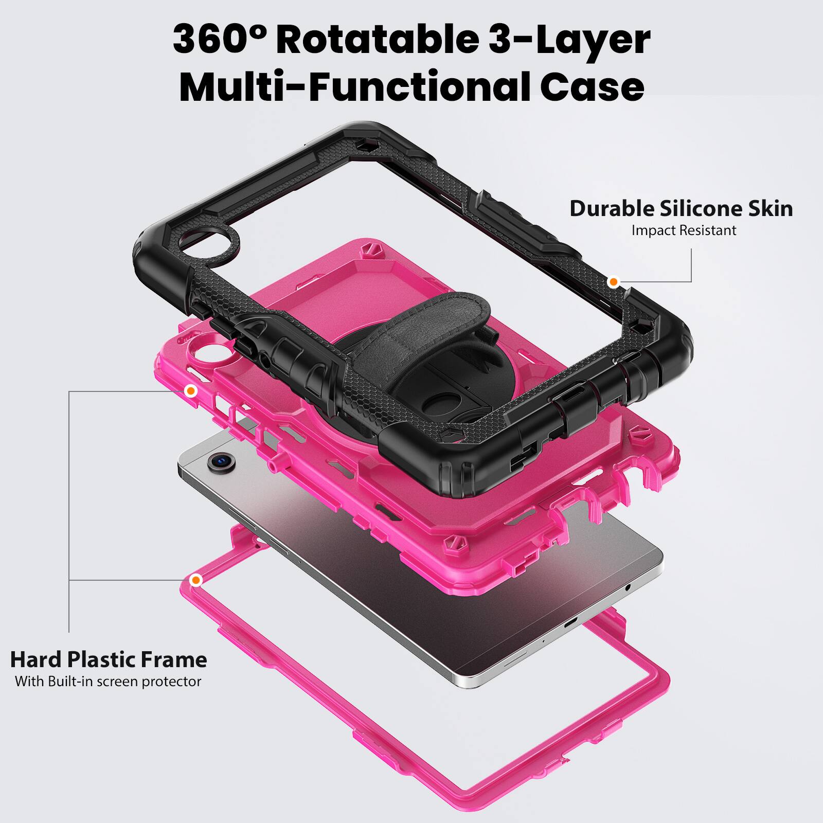 360° Rotatable 3-Layer Multi-Functional Case

Durable Silicone Skin
Impact Resistant

Hard Plastic Frame
With Built-in screen protector