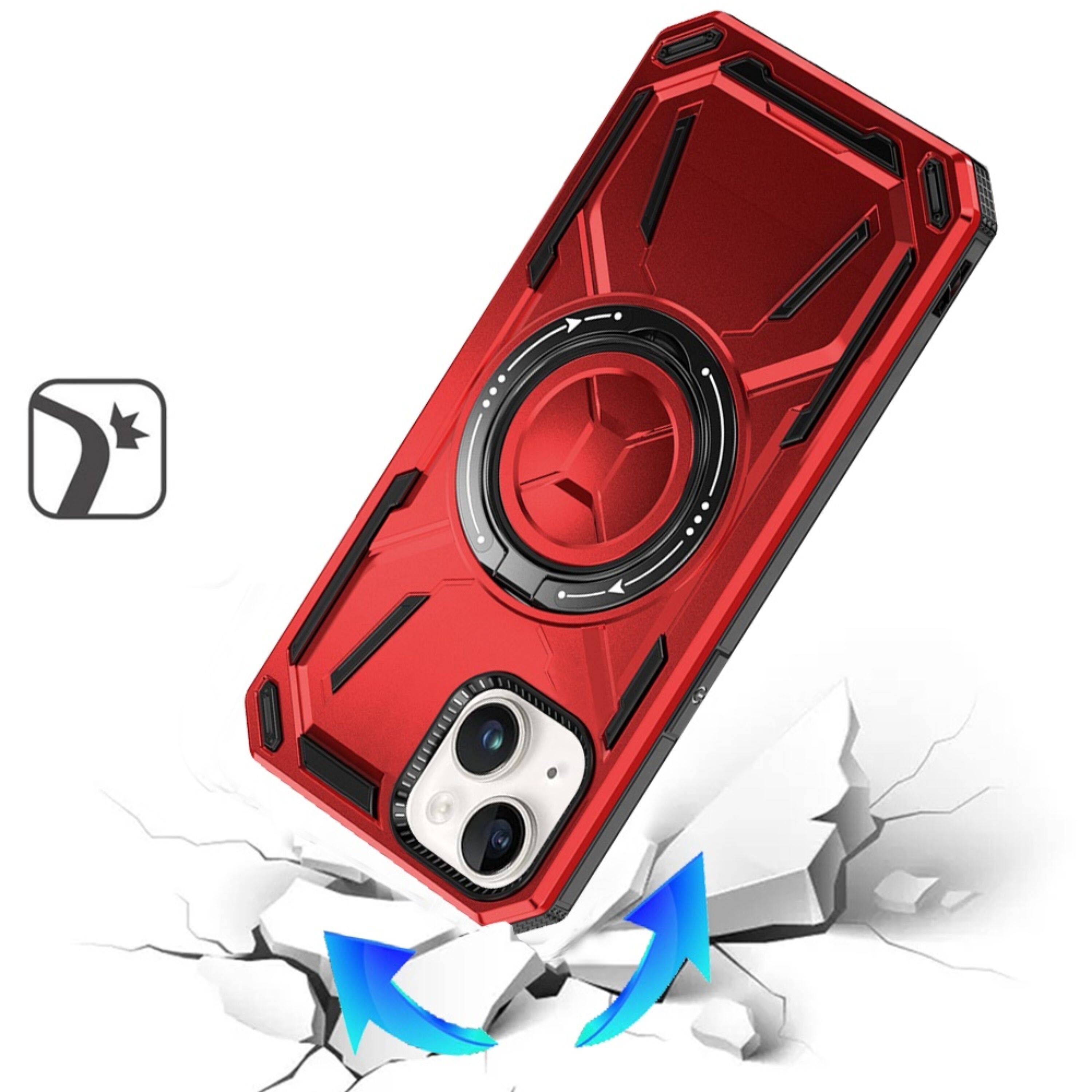 Angle. Kitcheniva - Magnetic Circle Metal Stand Shockproof Phone Case With Tempered Glass For iPhone 13/14 Red - Red.