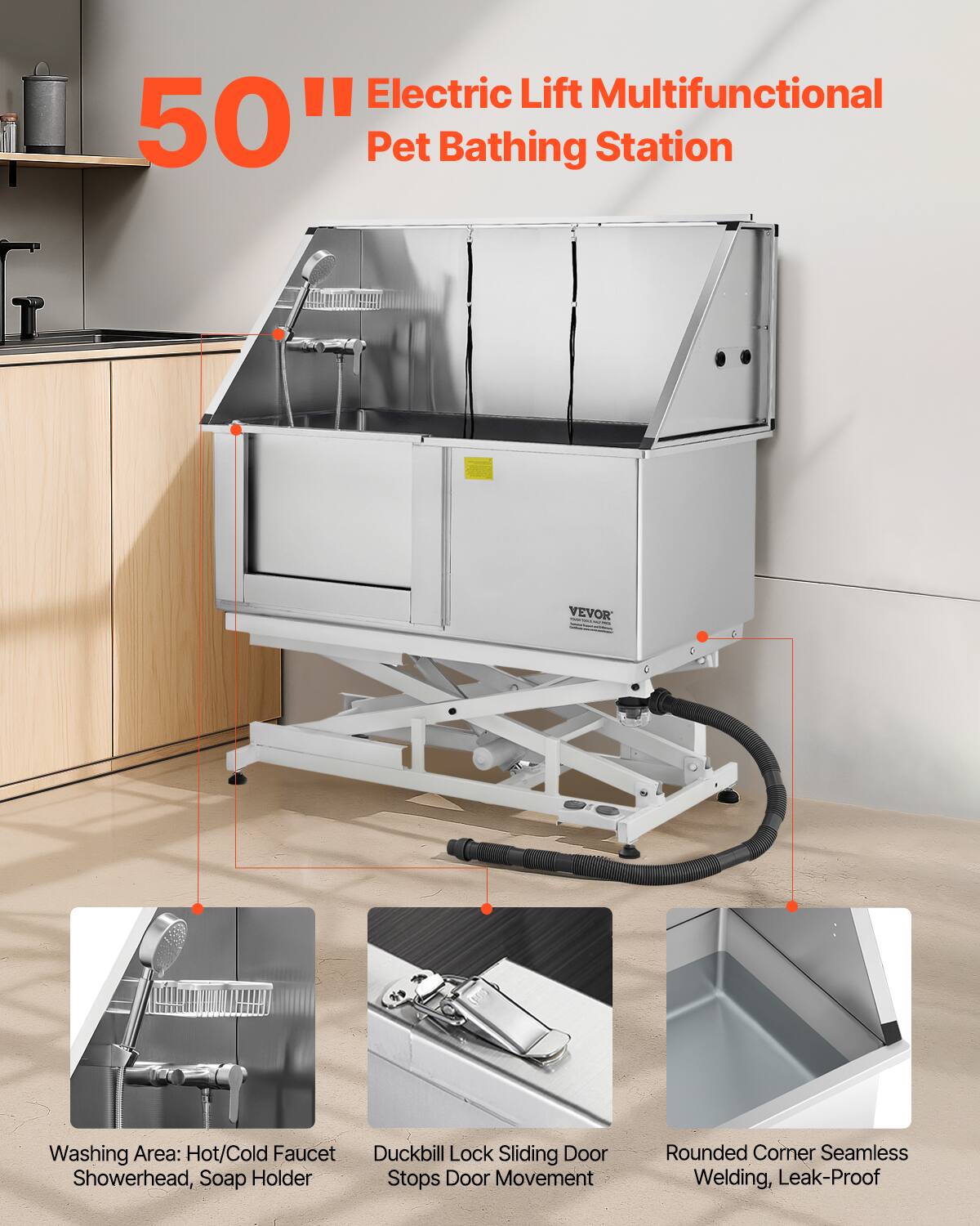 50" Electric Lift Multifunctional Pet Bathing Station

Washing Area: Hot/Cold Faucet, Showerhead, Soap Holder

Duckbill Lock - Sliding Door Stops Door Movement

Rounded Corner Seamless Welding, Leak-Proof