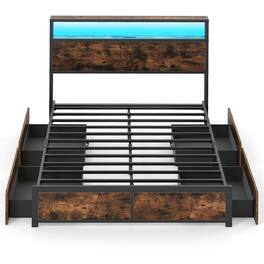 Costway - Full Size LED Bed Frame w/2-Tier Storage Headboard & 4 Drawers Charging Station - Rustic Brown,Black