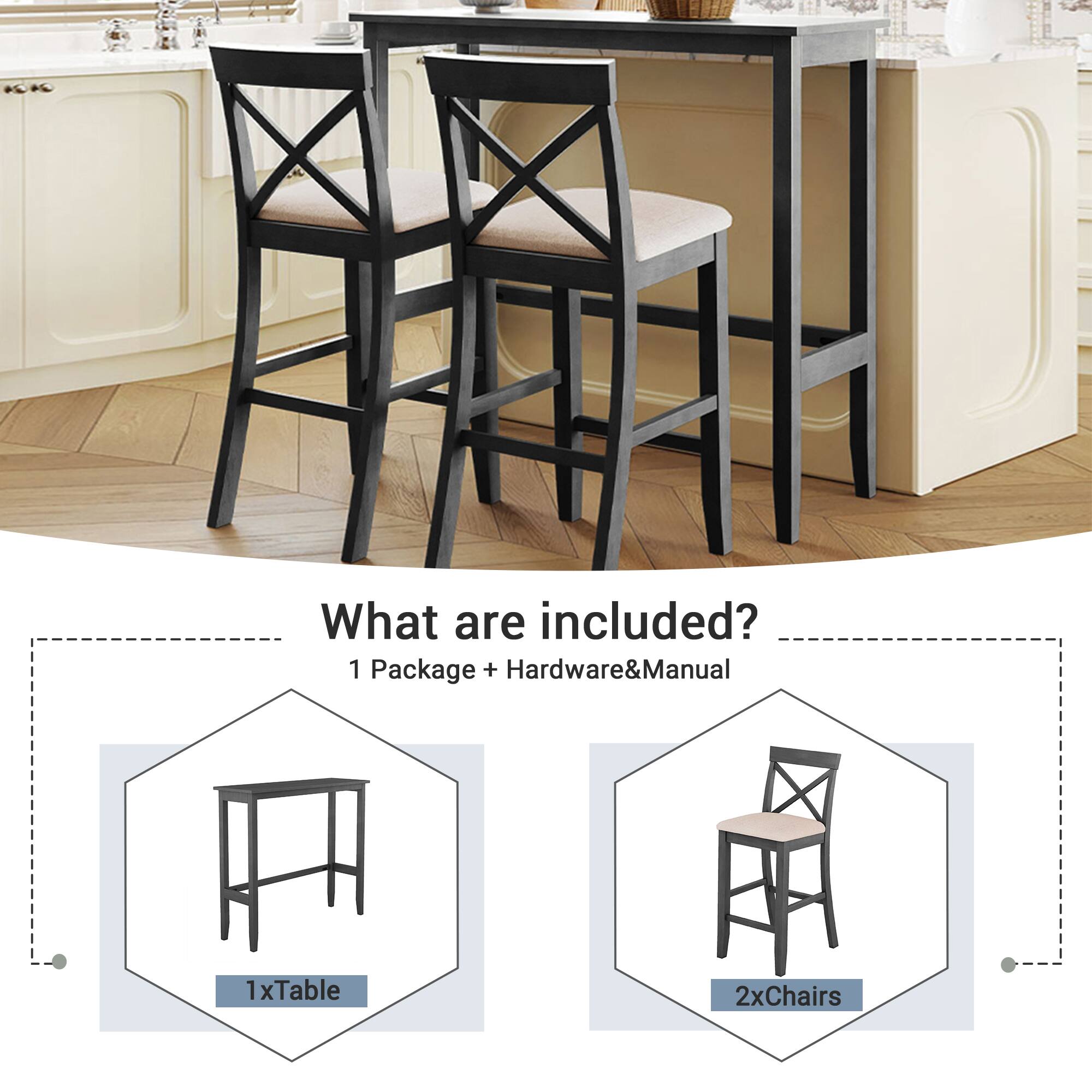 What are included?

1 Package + Hardware & Manual

1xTable

2xChairs