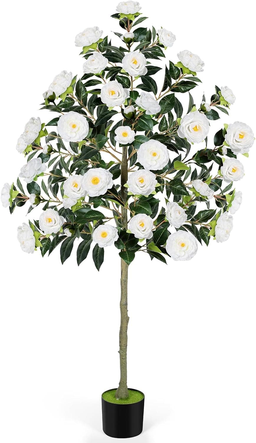 Oumilen - 6FT Artificial Camellia Flowers Tree, Fake Plant Plastic Potted with Faux Greenery Leaves Outdoor Indoor Home Decor