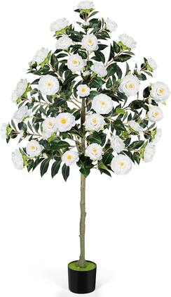Oumilen - 6FT Artificial Camellia Flowers Tree, Fake Plant Plastic Potted with Faux Greenery Leaves Outdoor Indoor Home Decor