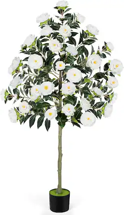 Front. Oumilen - 6FT Artificial Camellia Flowers Tree, Fake Plant Plastic Potted with Faux Greenery Leaves Outdoor Indoor Home Decor.