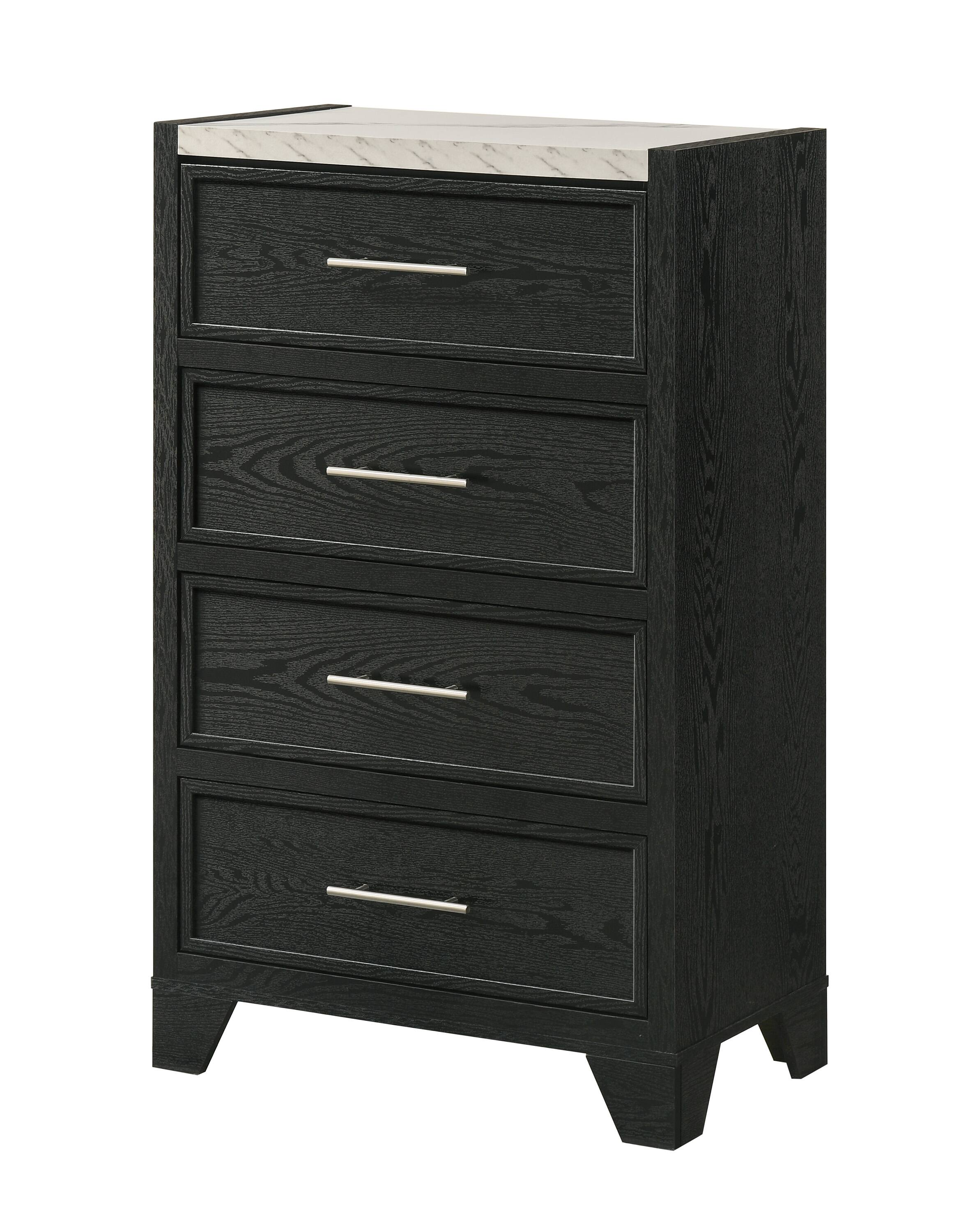 Front. TinyHomie - 1pc Contemporary Modern White Faux Marble Top 4 Drawers Tall Chest Black Finish Bedroom Furniture - Black and White.