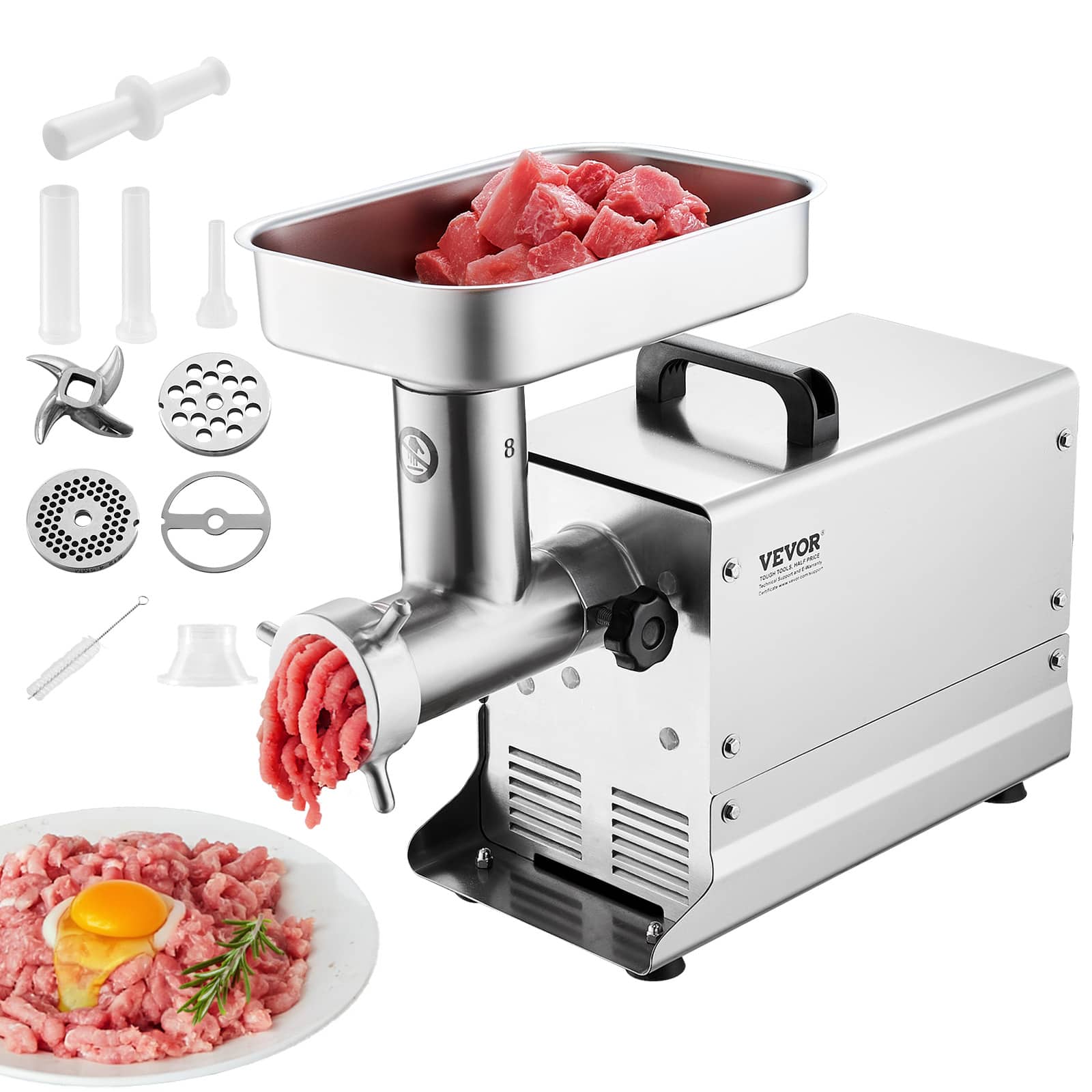 VEVOR - Meat Grinder, 7 Lbs/Min Capacity Electric Stainless Steel Meat Grinders with Blade, Grinding Plate, Sausage Maker - Silver