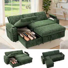 Dyonery - 82" Pull Out Couch Sleeper Sofa Bed,with Armrest Storage Cup Holder Side Pocket Tool-Free Assembly , Grey - Green