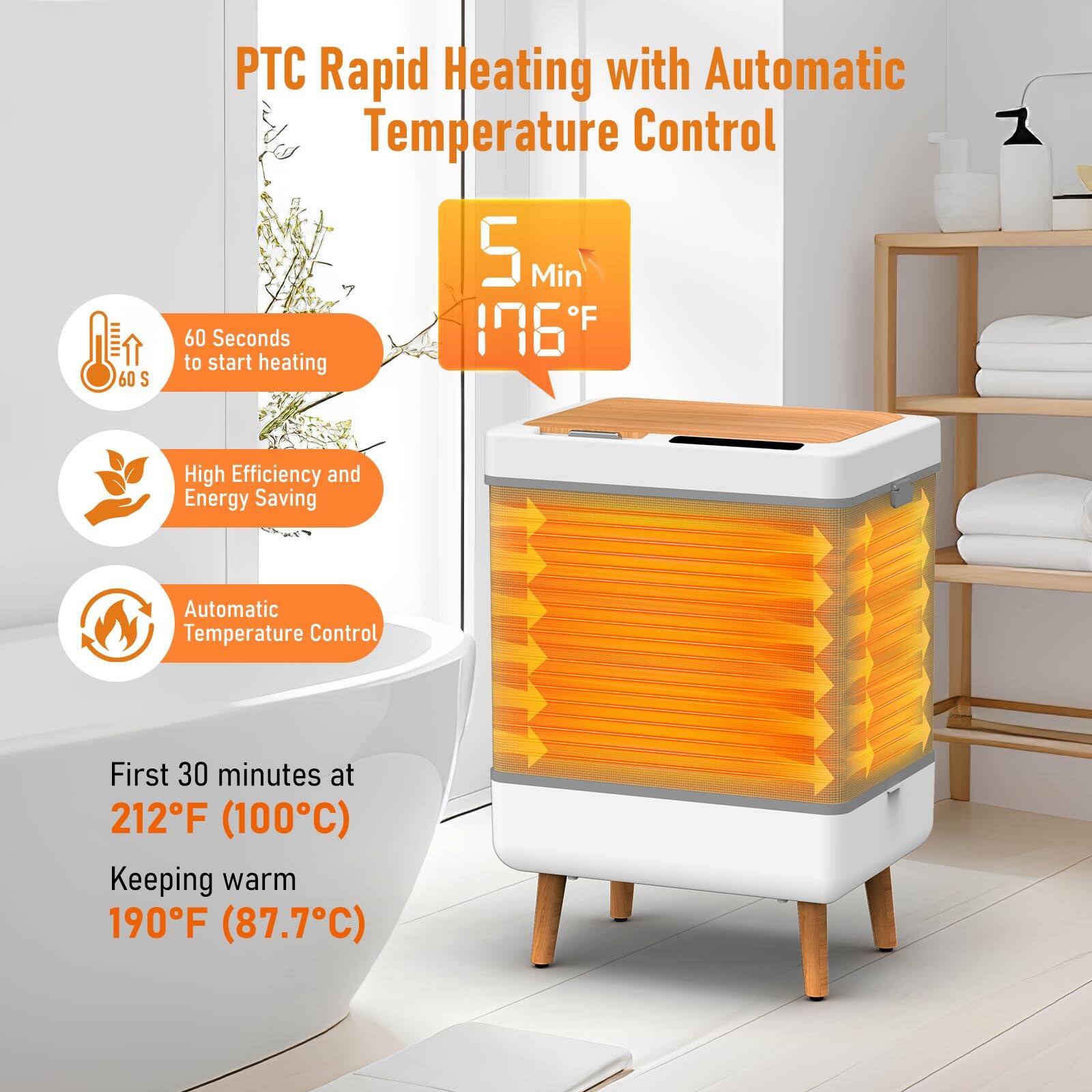 PTC Rapid Heating with Automatic Temperature Control

- 5 Min 176°F
- 60 Seconds to start heating
- High Efficiency and Energy Saving
- Automatic Temperature Control
- First 30 minutes at 212°F (100°C)
- Keeping warm 190°F (87.7°C)