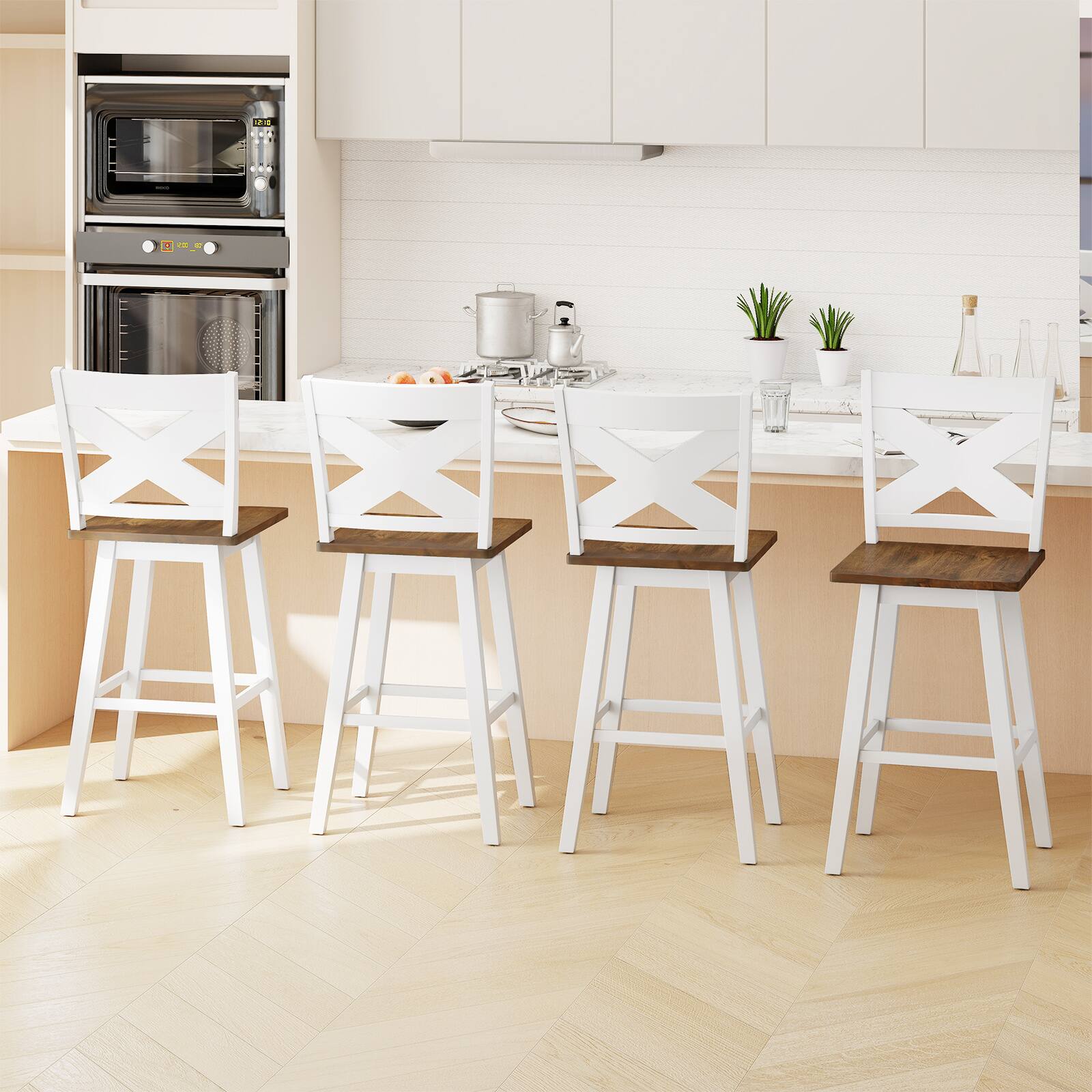 Alt View 1. Gymax - Gymax 29'' Swivel Barstools Set of 4 w/Backrest Large Seat Footrest for Kitchen Island White & Walnut - White.