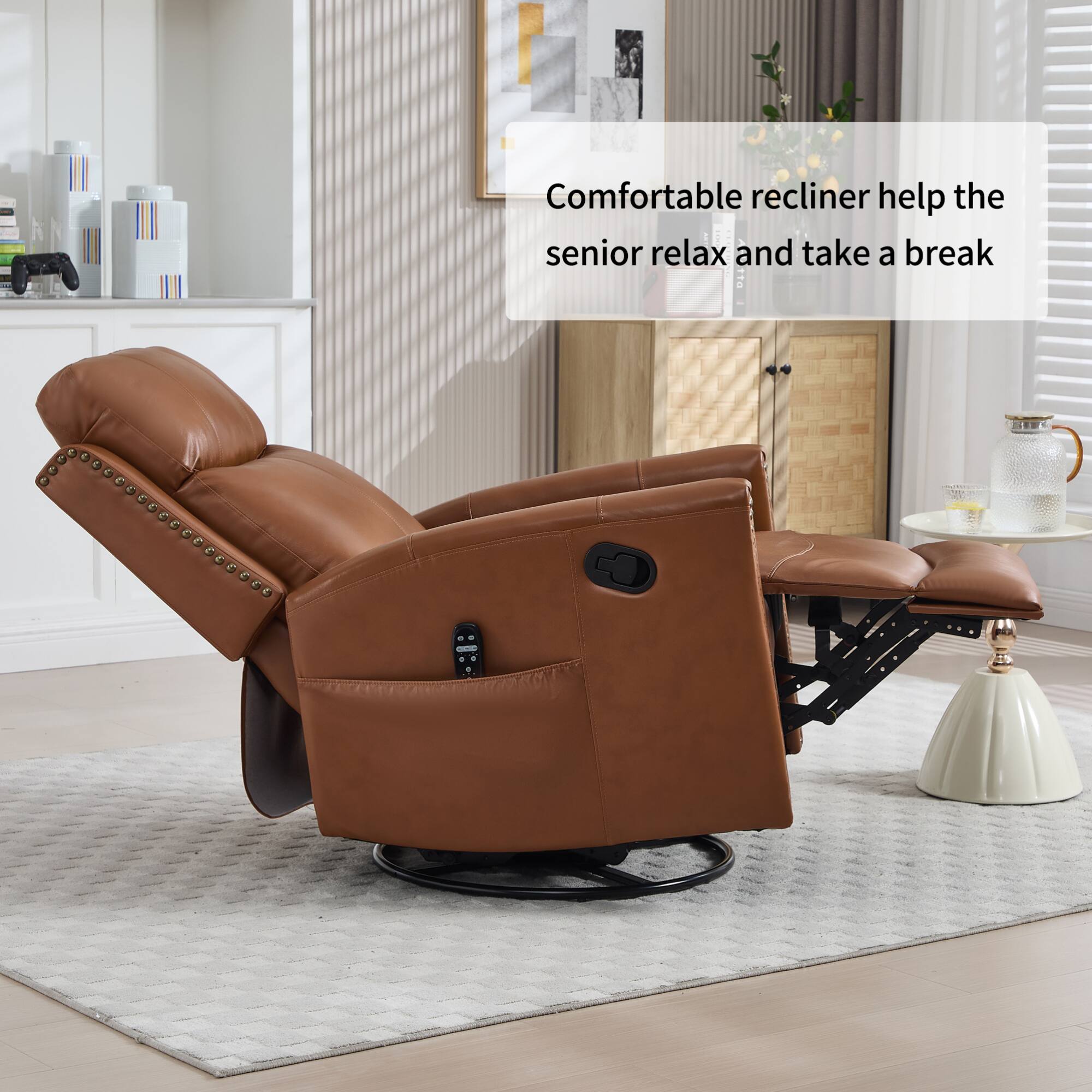 Comfortable recliner helps the senior relax and take a break.