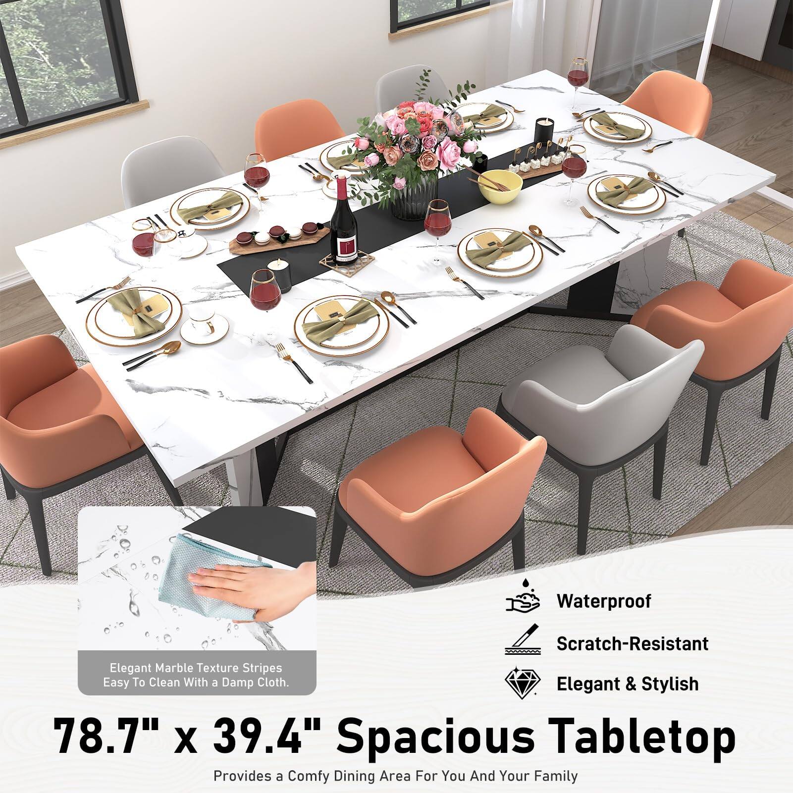 Waterproof Scratch-Resistant Elegant Marble Texture Stripes Easy To Clean With a Damp Cloth. Elegant & Stylish 78.7" X 39.4" Spacious Tabletop Provides a Comfy Dining Area For You And Your Family