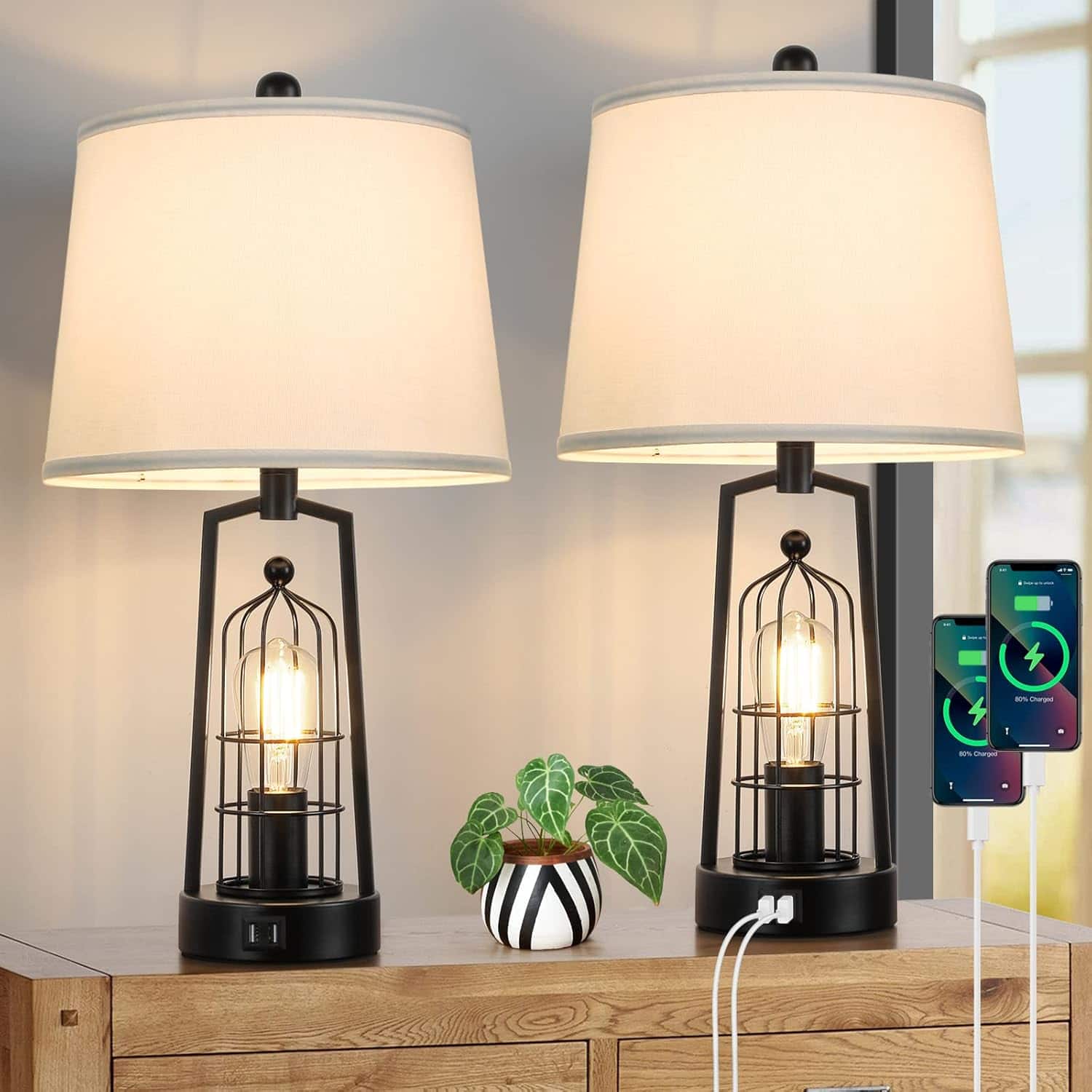 Nordic Hygge - Farmhouse Table Lamps with 2 USB Ports, Set of 2 Rustic Industrial Desk Lamp for Living Room, 2 Bedside Lamp - Black Lamp&White Shade
