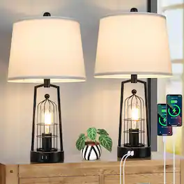 Nordic Hygge - Farmhouse Table Lamps with 2 USB Ports, Set of 2 Rustic Industrial Desk Lamp for Living Room, 2 Bedside Lamp - Black Lamp&White Shade