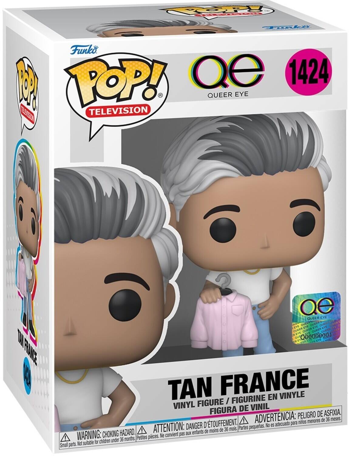 Funko, POP! Television, Qe 1424, Queer Eye, Tan France, Vinyl figurine, Peligro de asfixia, D'etouffement, Advertencia: para niños menores de 36 meses, Danger d'étouffement, Advertencia: peligro de asfixia, Warning: choking hazard, pequeas, No es adecuado para niños menores de 36 meses, Small parts, Not suitable for children under 36 months, Petites pièces, Ne convient pas aux enfants de moins de 36 mois.