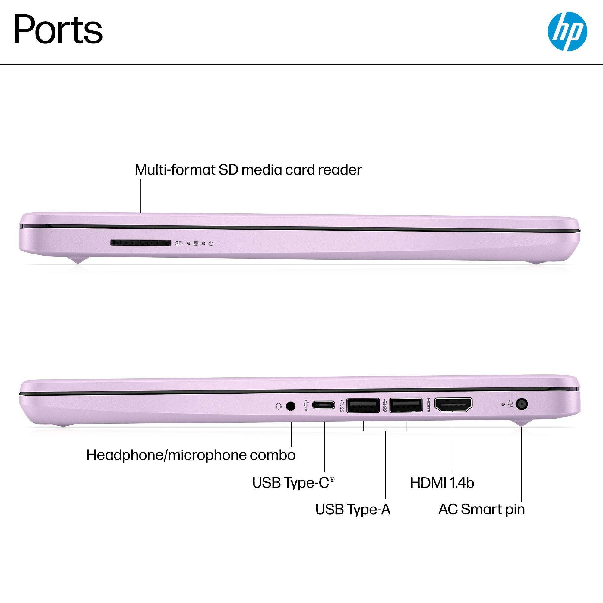 Ports:

1. Multi-format SD media card reader
2. Headphone/microphone combo
3. USB Type-C
4. USB Type-A
5. HDMI 1.4b
6. AC Smart pin