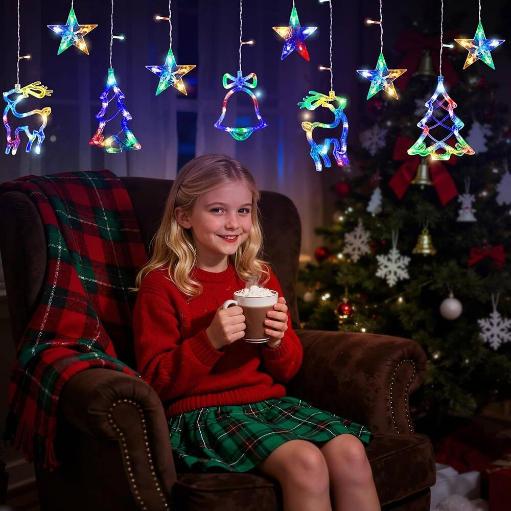 Back. MOSZAR LLC - 120-LED Colorful Christmas Curtain Lights 9.84ft Tree, Bell & Star.