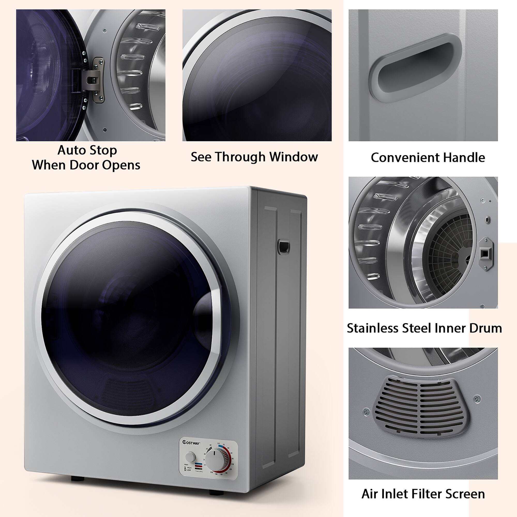 - Auto Stop When Door Opens
- See Through Window
- Convenient Handle
- Stainless Steel Inner Drum
- Air Inlet Filter Screen