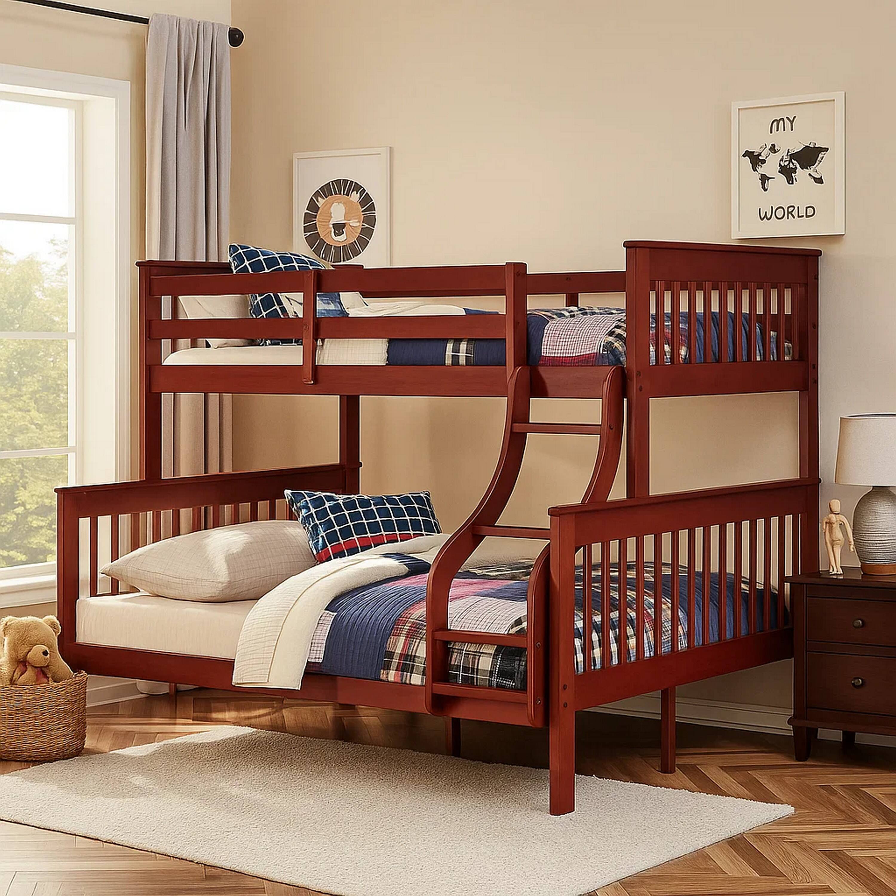 Alt View 5. Manhattan Lane - Rita Twin over Full Bunk Bed, Slatted Frame, Fixed Ladder - Cherry Brown.