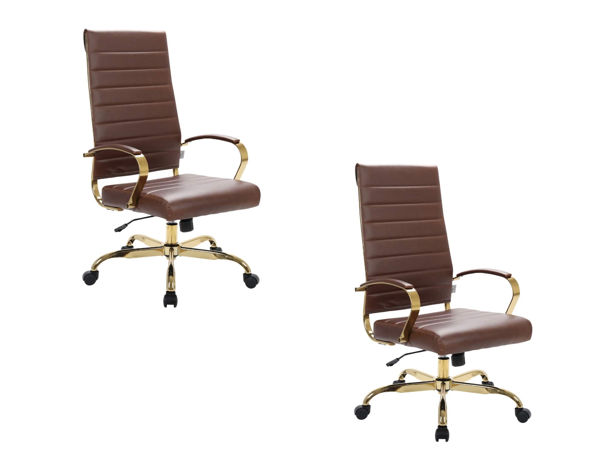LeisureMod - Set of 2 Benmar High-Back Leather Conference Desk Office Chair with Gold Frame, Adjustable, Swivel and Tilt - Brown