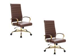 LeisureMod - Set of 2 Benmar High-Back Leather Conference Desk Office Chair with Gold Frame, Adjustable, Swivel and Tilt - Brown