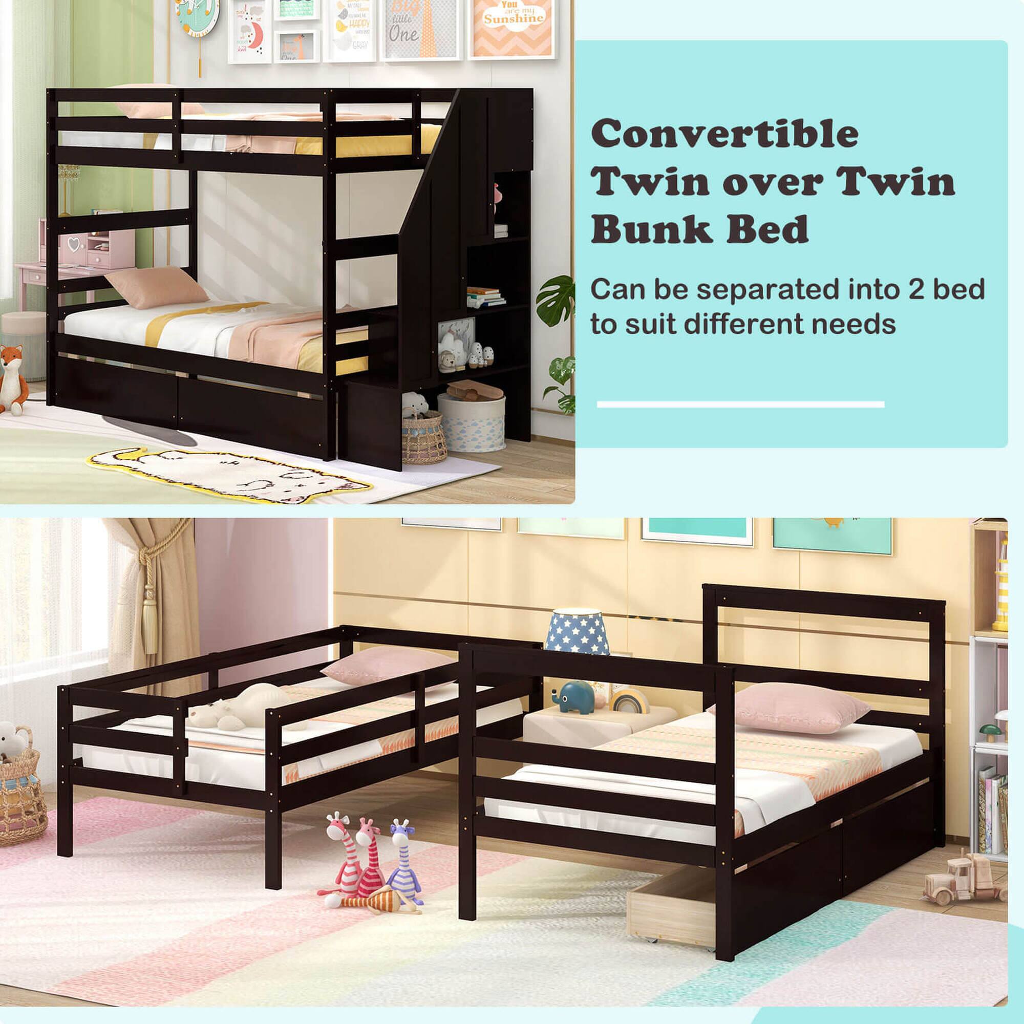 "Sunshine Convertible Twin over Twin Bunk Bed: Can be separated into 2 beds to suit different needs."