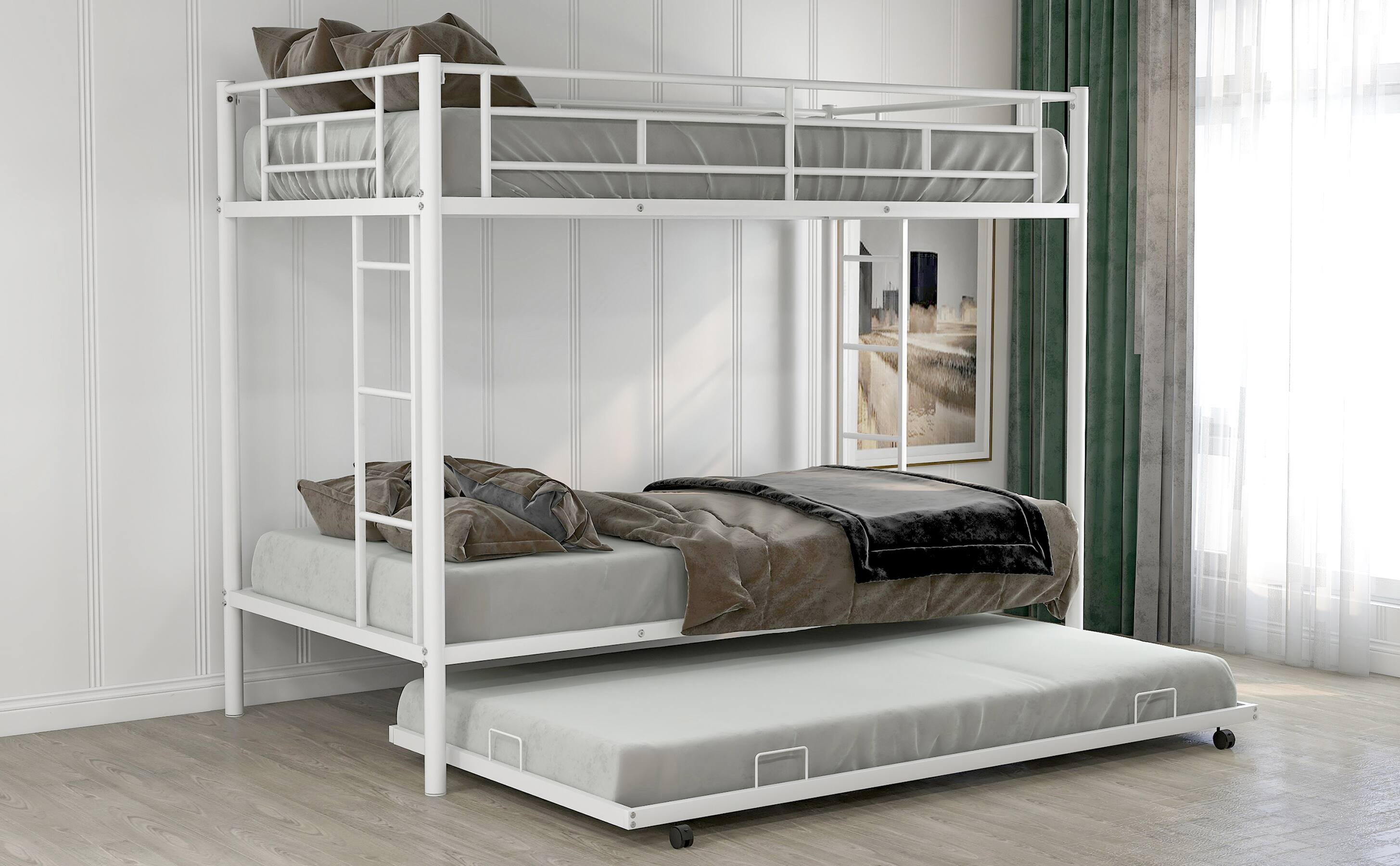 Back. GOODSILO - Twin over Twin Bunk Bed with Trundle - White.