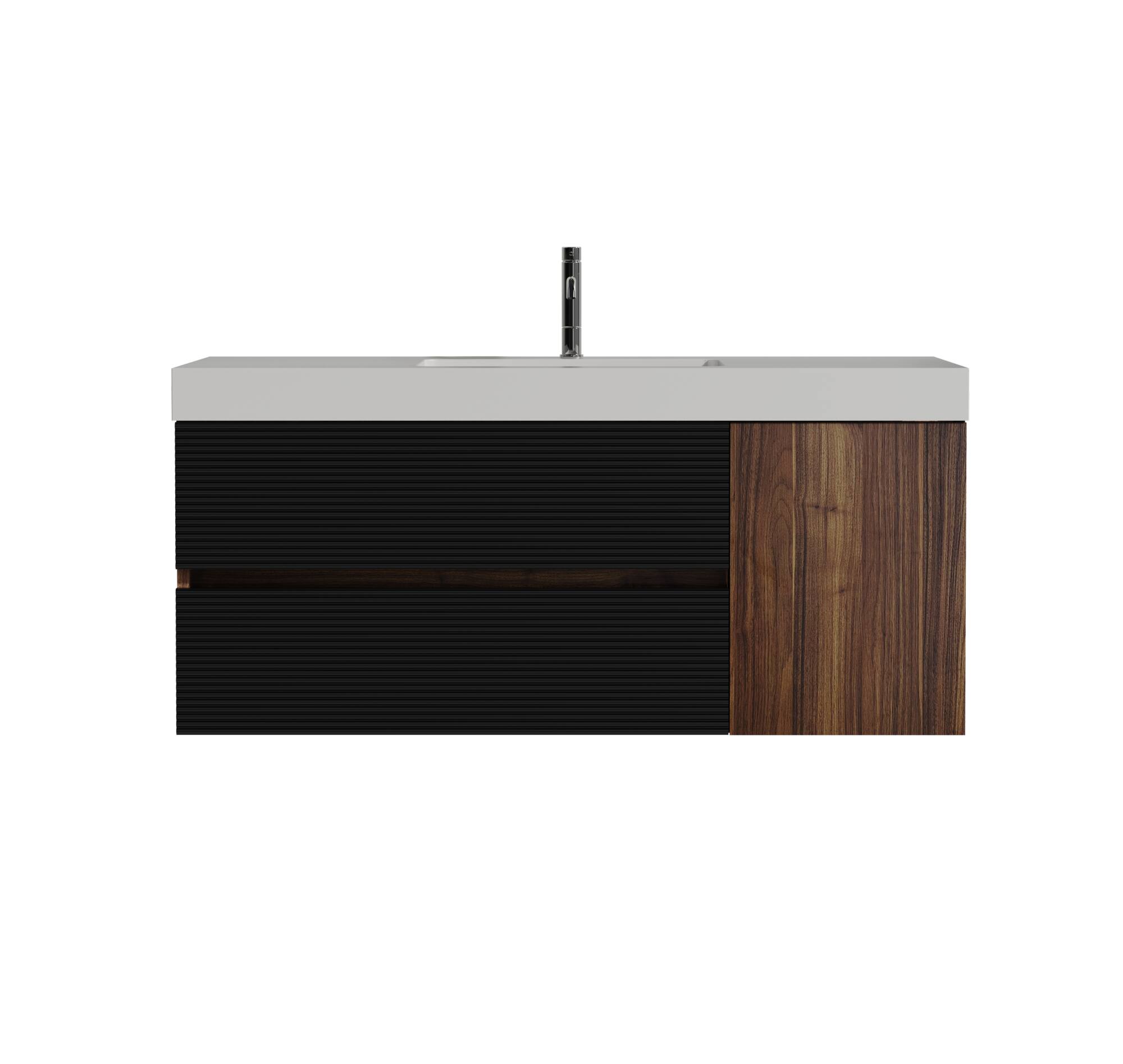 Alt View 3. Boyel Living - 48 in. Walnut Bathroom Vanity with Glossy White Solid Surface Sink, Wall Mounted Floating, Pre-Assembled - Black+Brown.