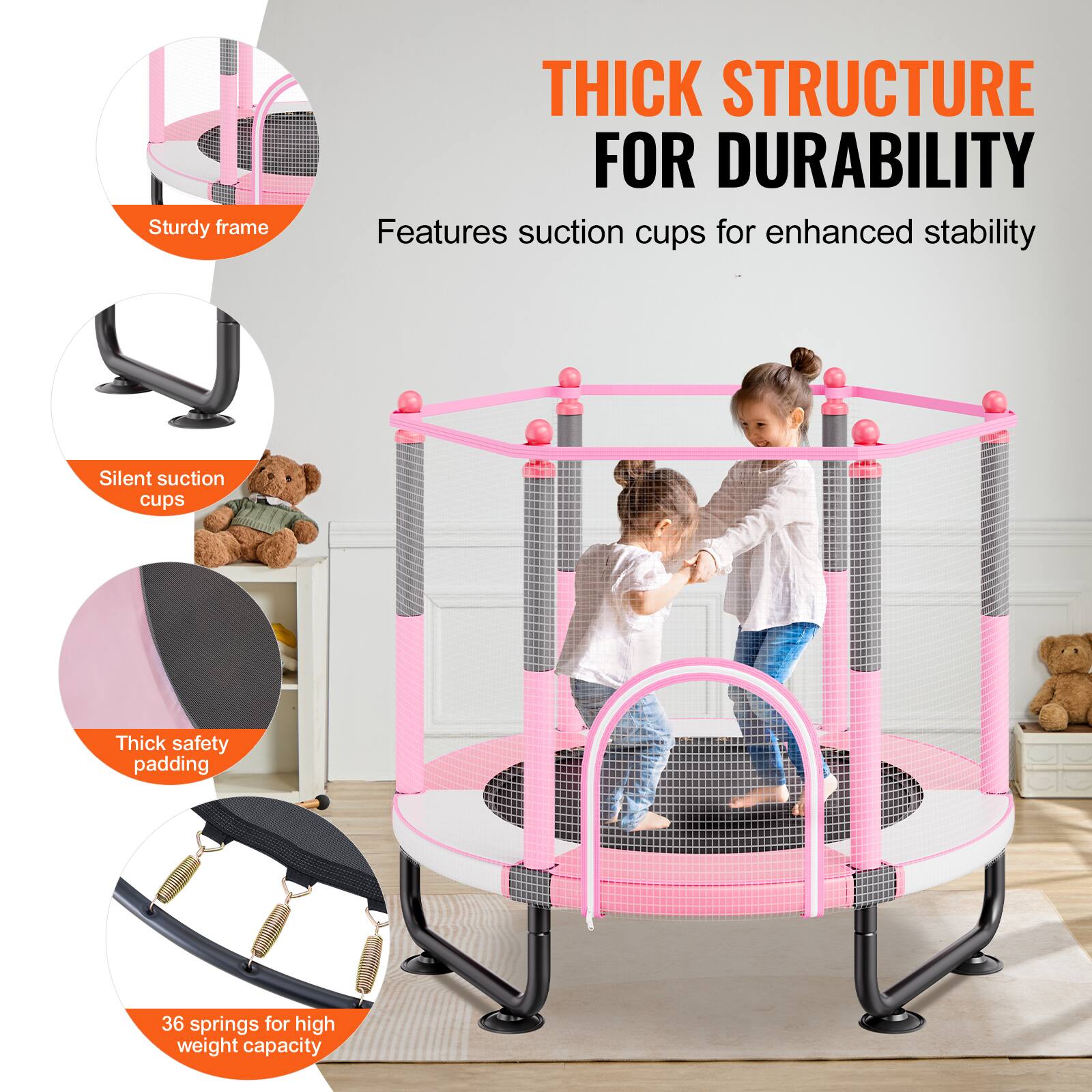 Sturdy frame, Thick structure for durability, Features suction cups for enhanced stability, Silent suction cups, Thick safety padding, 36 springs for high weight capacity.