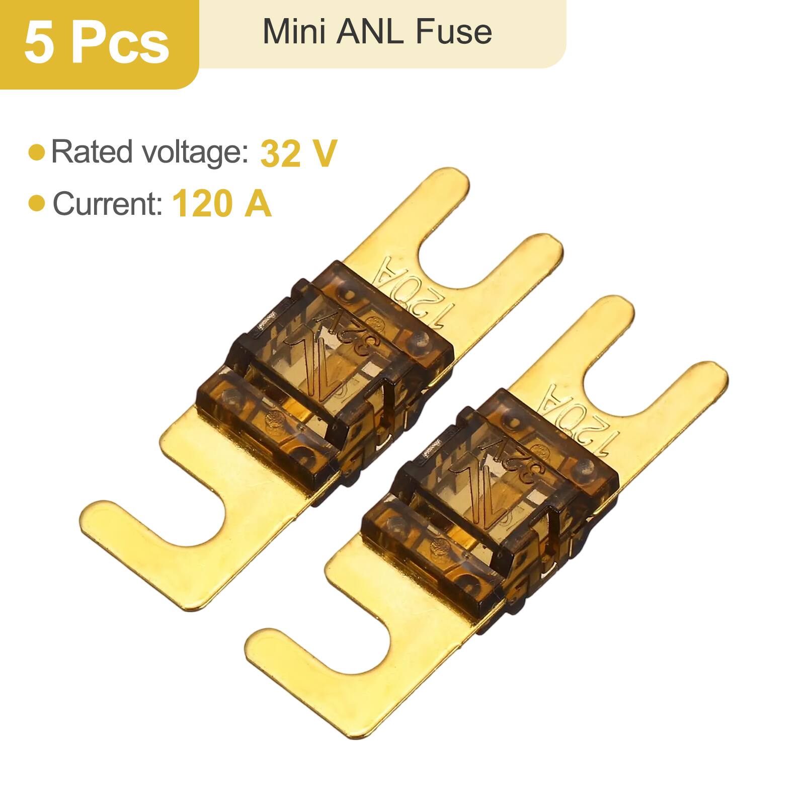5 Pcs Mini ANL Fuse

- Rated voltage: 32 V
- Current: 120 A