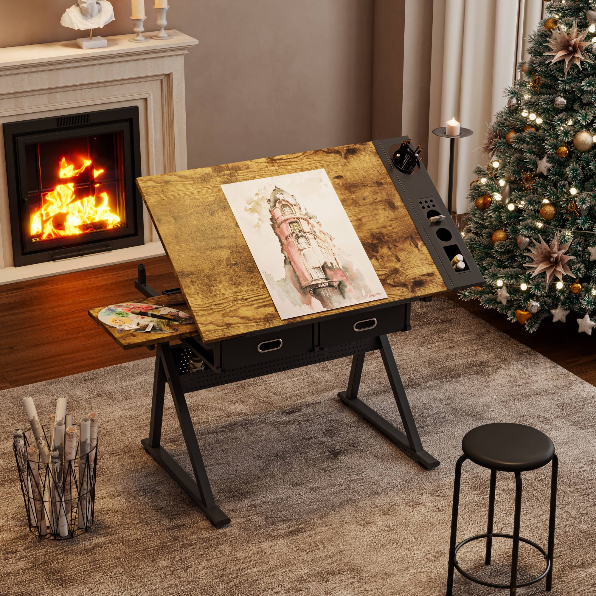 Alt View 2. GOODSILO - Professional Adjustable Drafting Table with Storage Drawers and Stool for Artists and Students - Black.