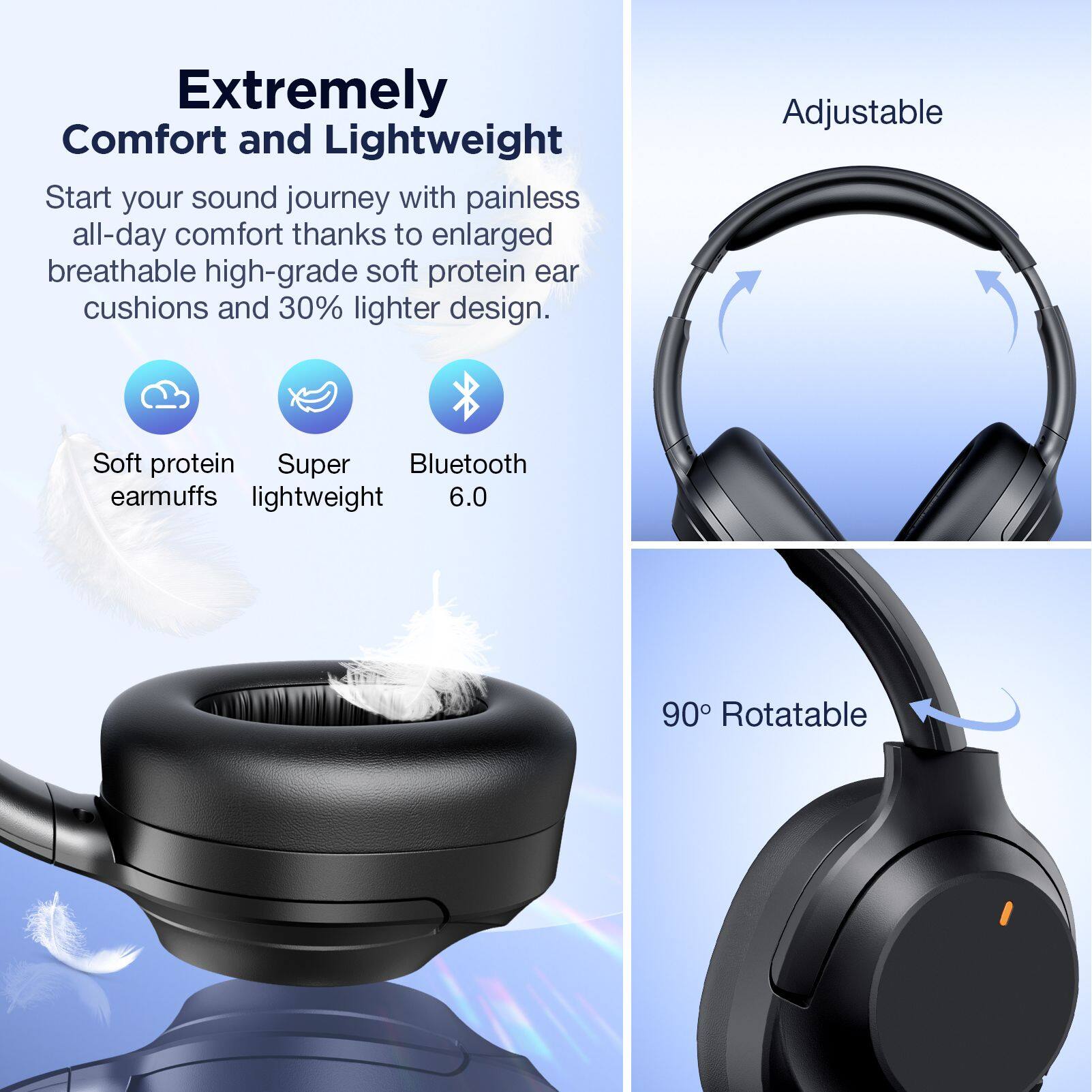 Extremely Comfort and Lightweight

Start your sound journey with painless all-day comfort thanks to enlarged breathable high-grade soft protein ear cushions and 30% lighter design.

- Soft protein earmuffs
- Super lightweight
- Bluetooth 6.0

Adjustable

90° Rotatable