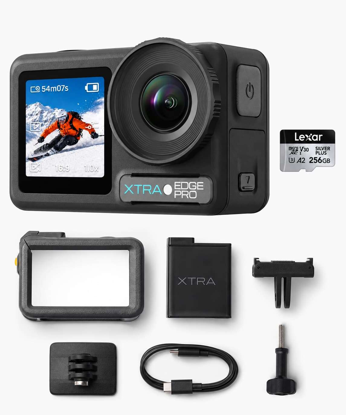 Xtra - Edge Pro Action Camera, 4K Vlogging Camera w/ 1/1.3'' Sensor, 65ft Waterproof, Night View & Stabilization, Diving Camera - 256GB microSD/Black